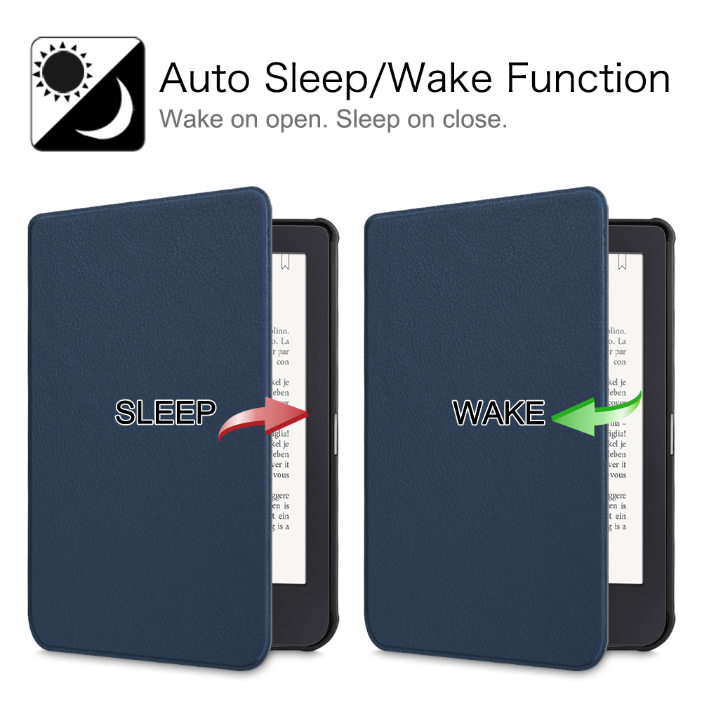 E-Reader in blauem Case, links geschlossen, rechts offen. Text: Sleep/Wake-Funktion.