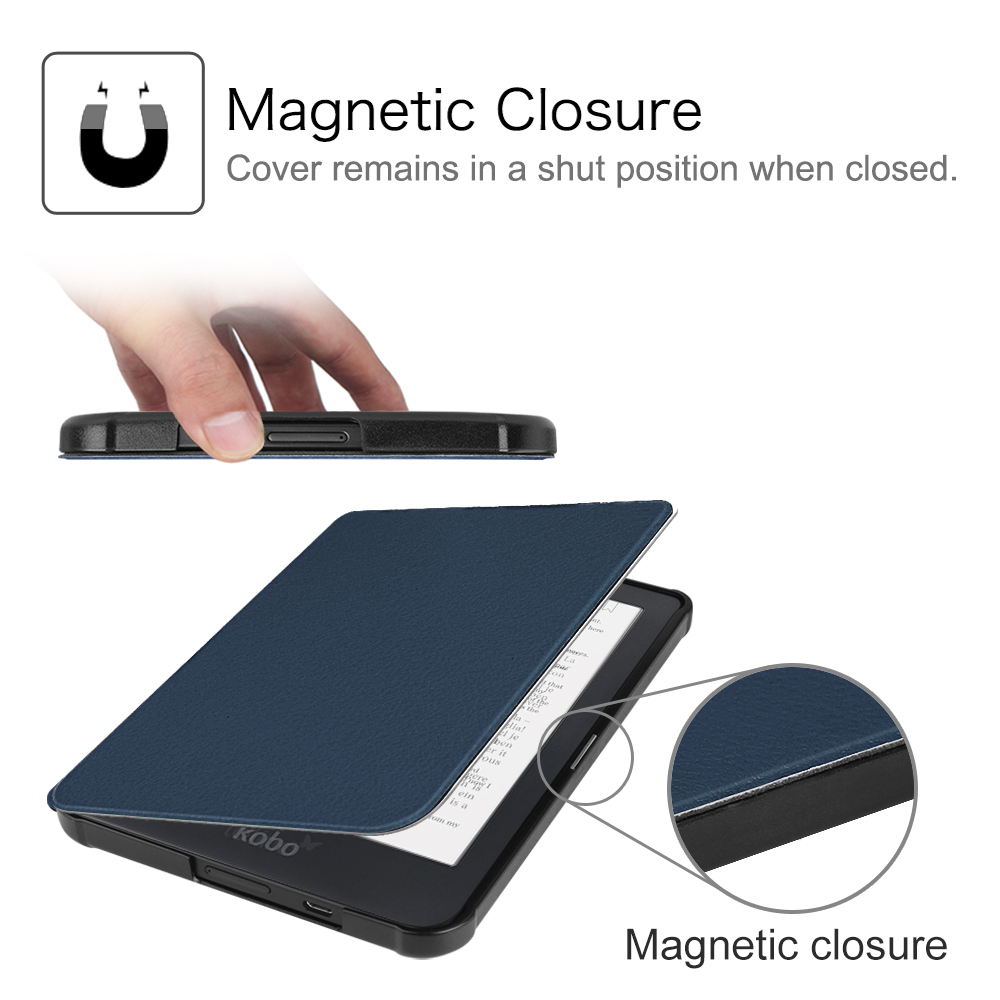 Blaue Leder-E-Reader-Hülle, geöffnet. Magnetverschluss ist dargestellt. Weißer Hintergrund.
