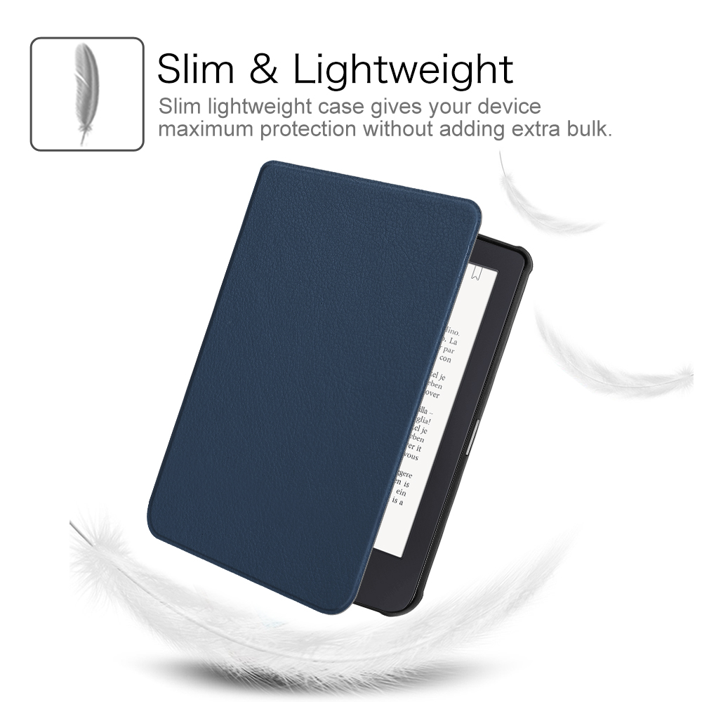 Blaue E-Reader-Hülle mit Feder. Die Hülle ist offen und zeigt den Bildschirm.
