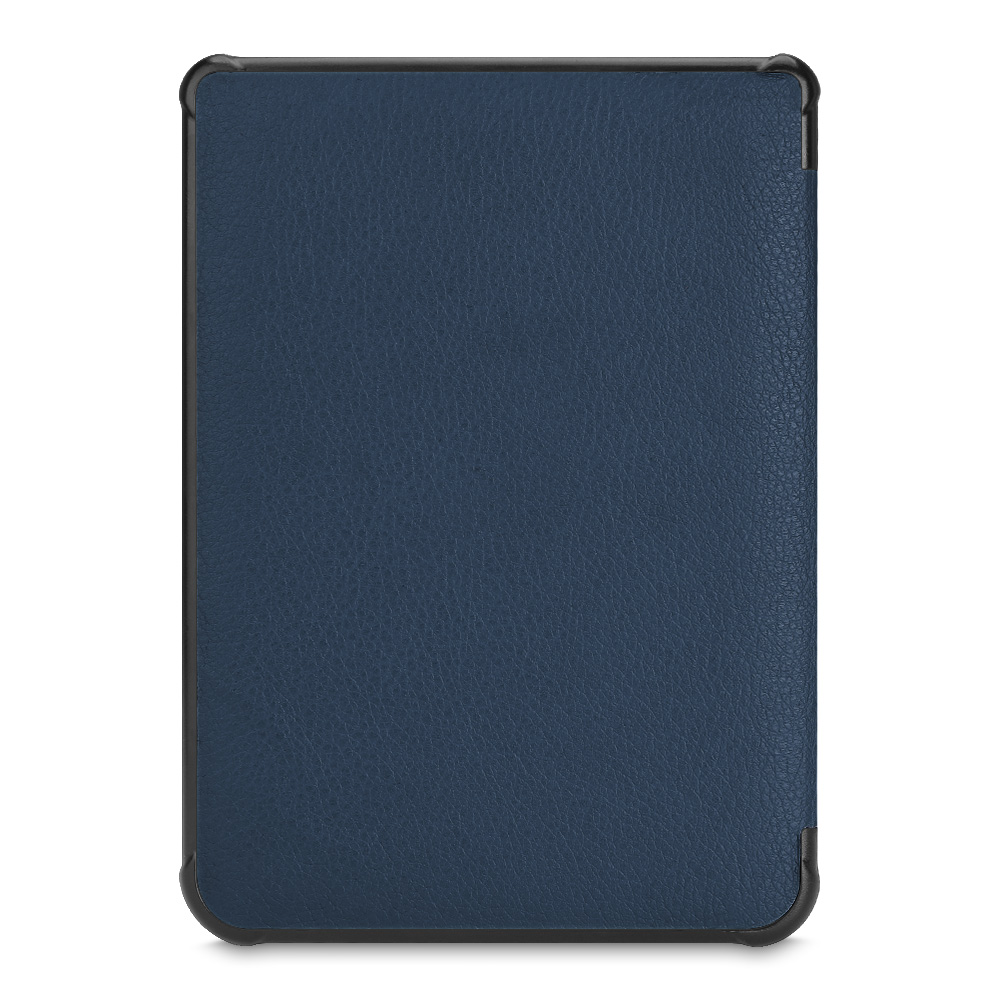 Blaue, lederartige Tablethülle, geschlossen, schwarze Ränder.