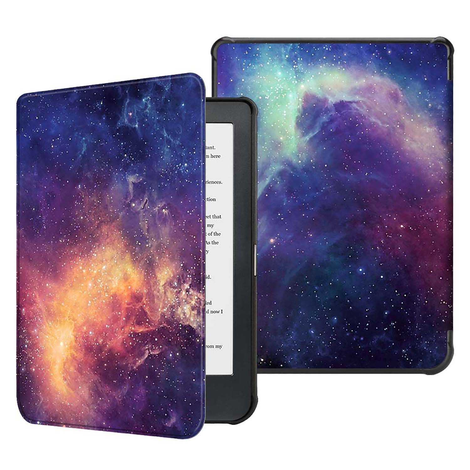 E-Reader in einer Hülle mit Sternenhimmel-Design. Die Hülle ist offen und zeigt das Gerät mit Text auf dem Bildschirm.