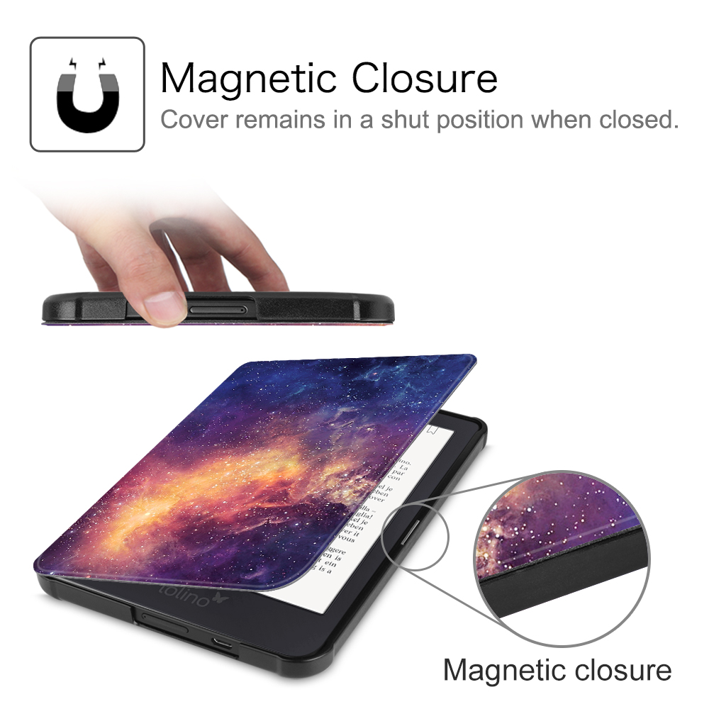 Ein E-Reader mit Galaxiemotiv-Abdeckung und einer Illustration des Magnetverschlusses.