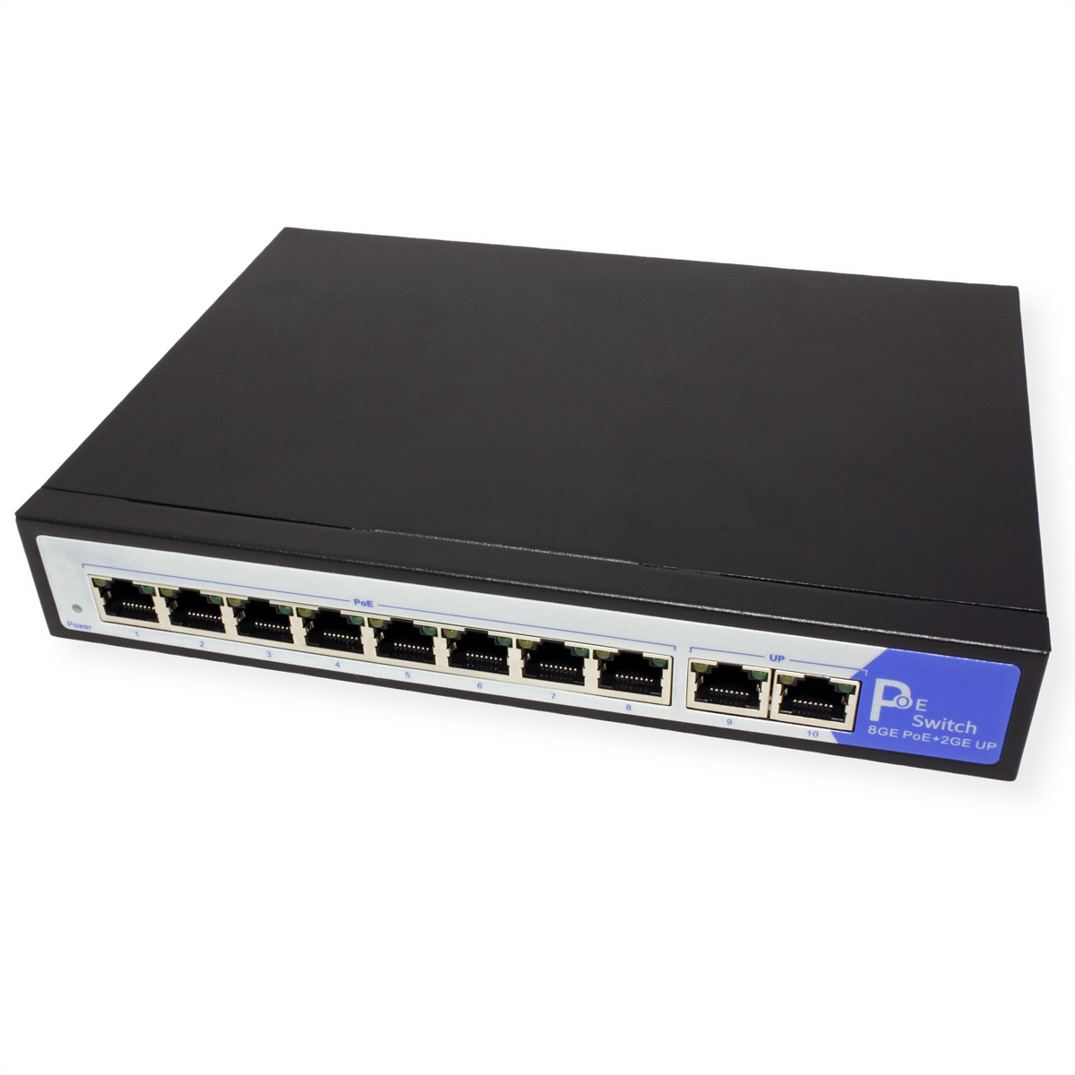 Un commutateur réseau noir avec des ports. Il a une étiquette bleue indiquant PoE Switch.