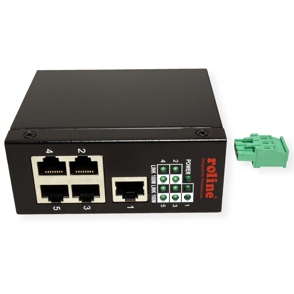 Zwarte netwerk switch met meerdere poorten, groene connector en 'roline' tekst.