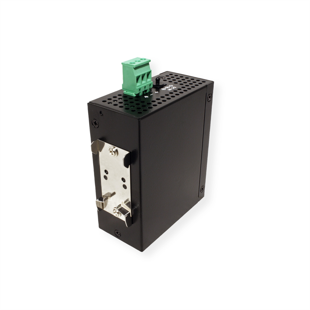 Appareil rectangulaire noir avec un connecteur vert sur le dessus. Fond blanc.