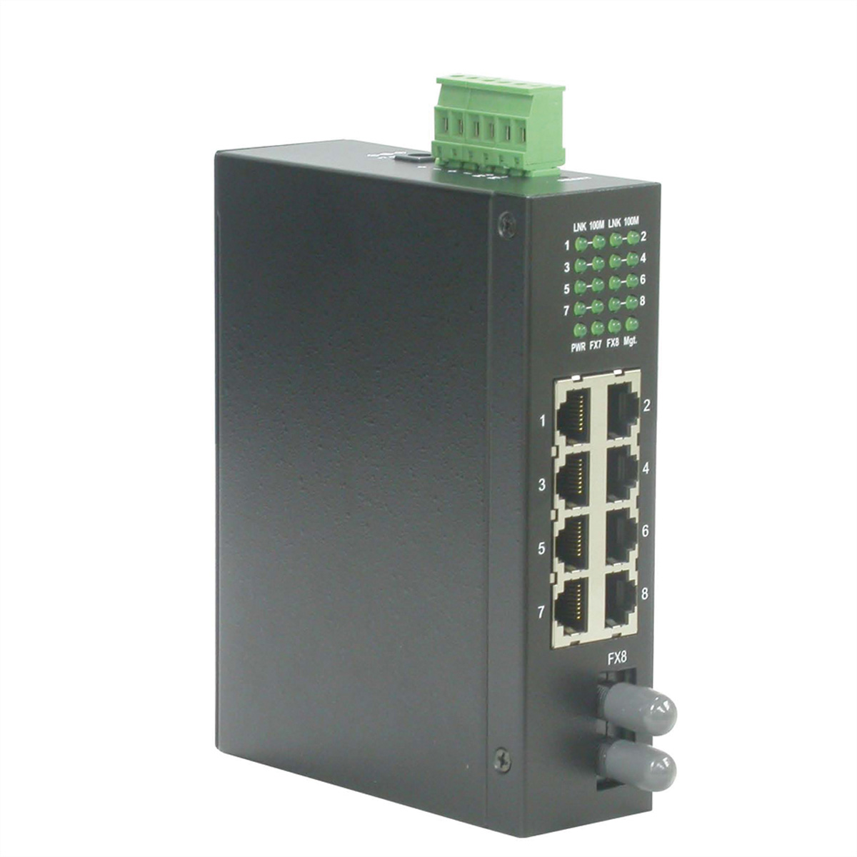 Un commutateur réseau noir avec plusieurs ports, un connecteur vert et des LED étiquetées.