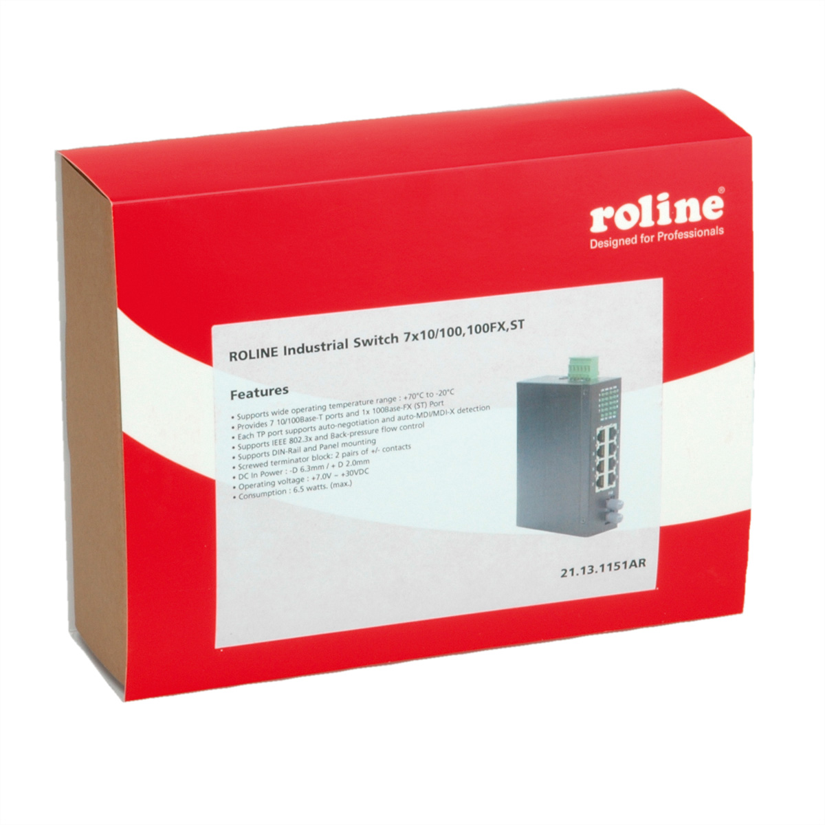 Boîte Roline rouge, avec un commutateur réseau à l'intérieur. Texte et caractéristiques sur la boîte.