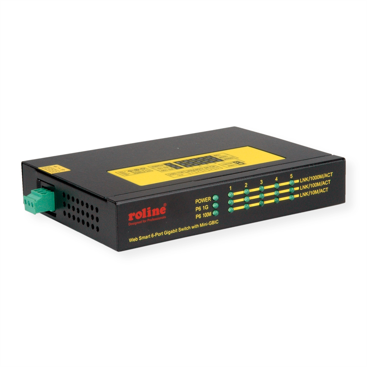 Switch réseau noir avec 6 ports, connecteur vert et étiquette jaune. La marque est Roline.