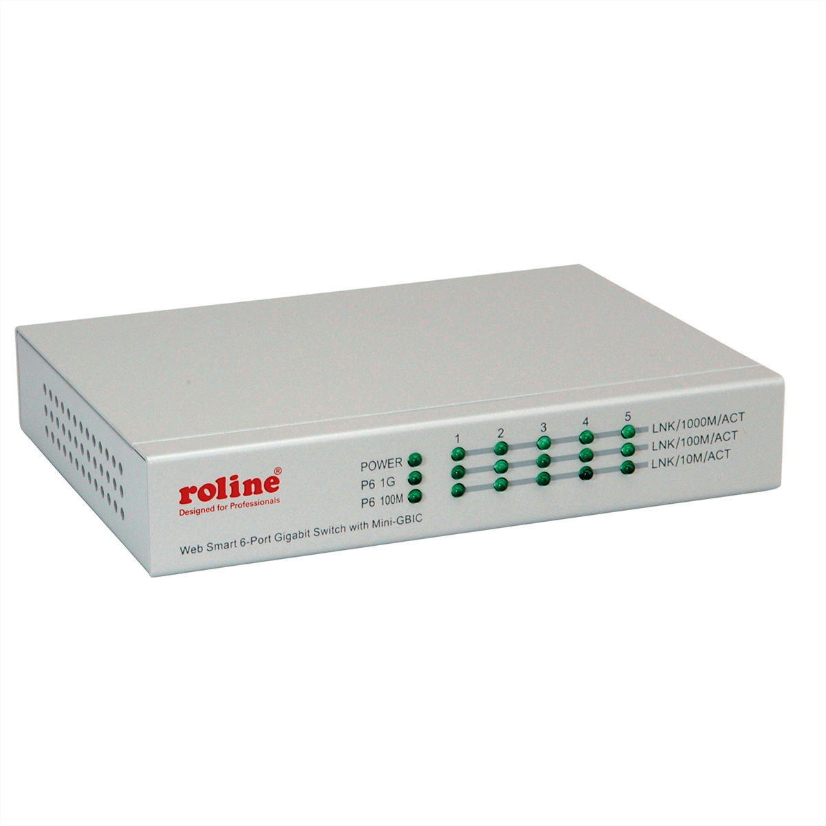 Zilveren 6-poorts gigabit switch met groene lampjes en Roline logo.