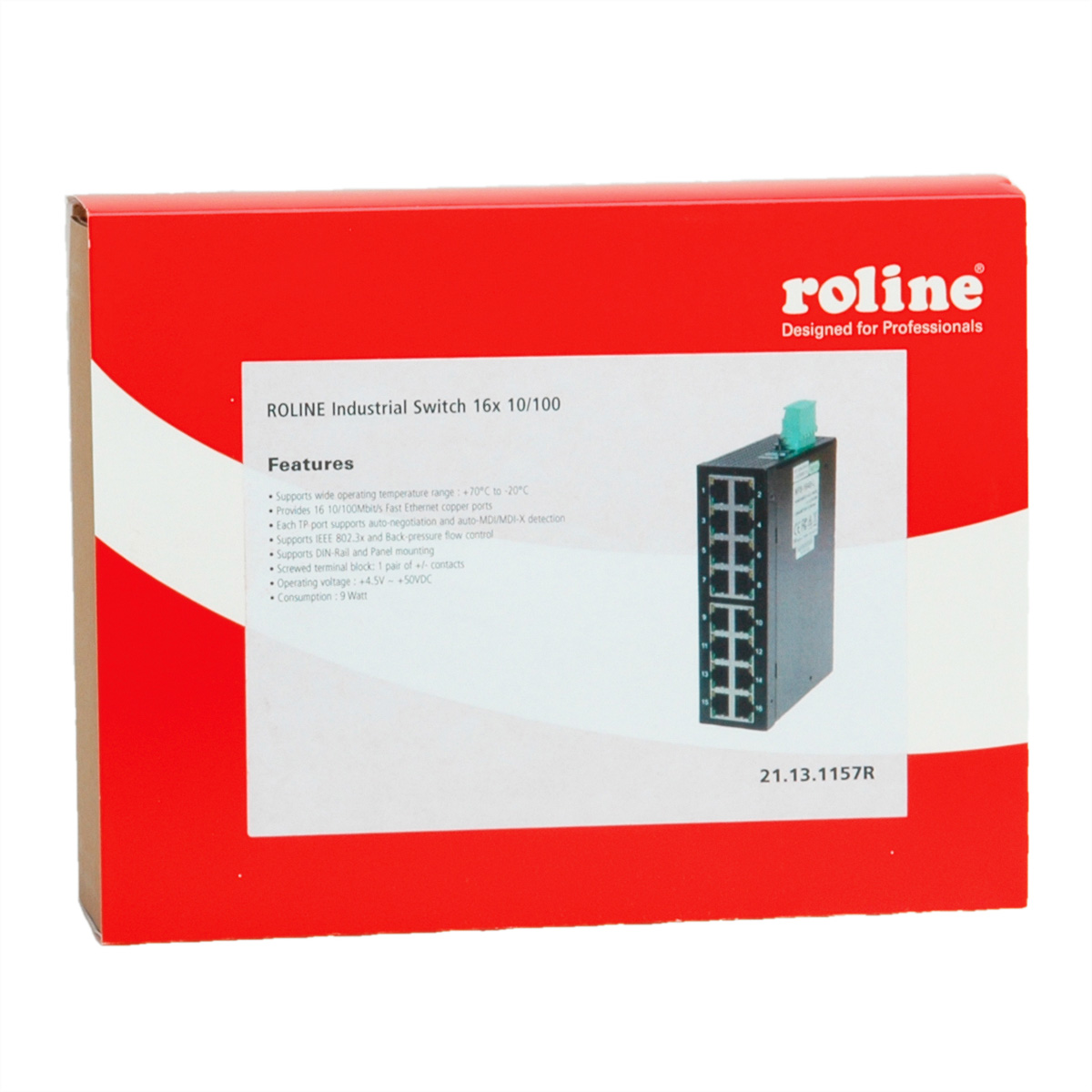 Eine rot-weiße Box mit der Aufschrift 'roline' und Details zum Netzwerk-Switch.