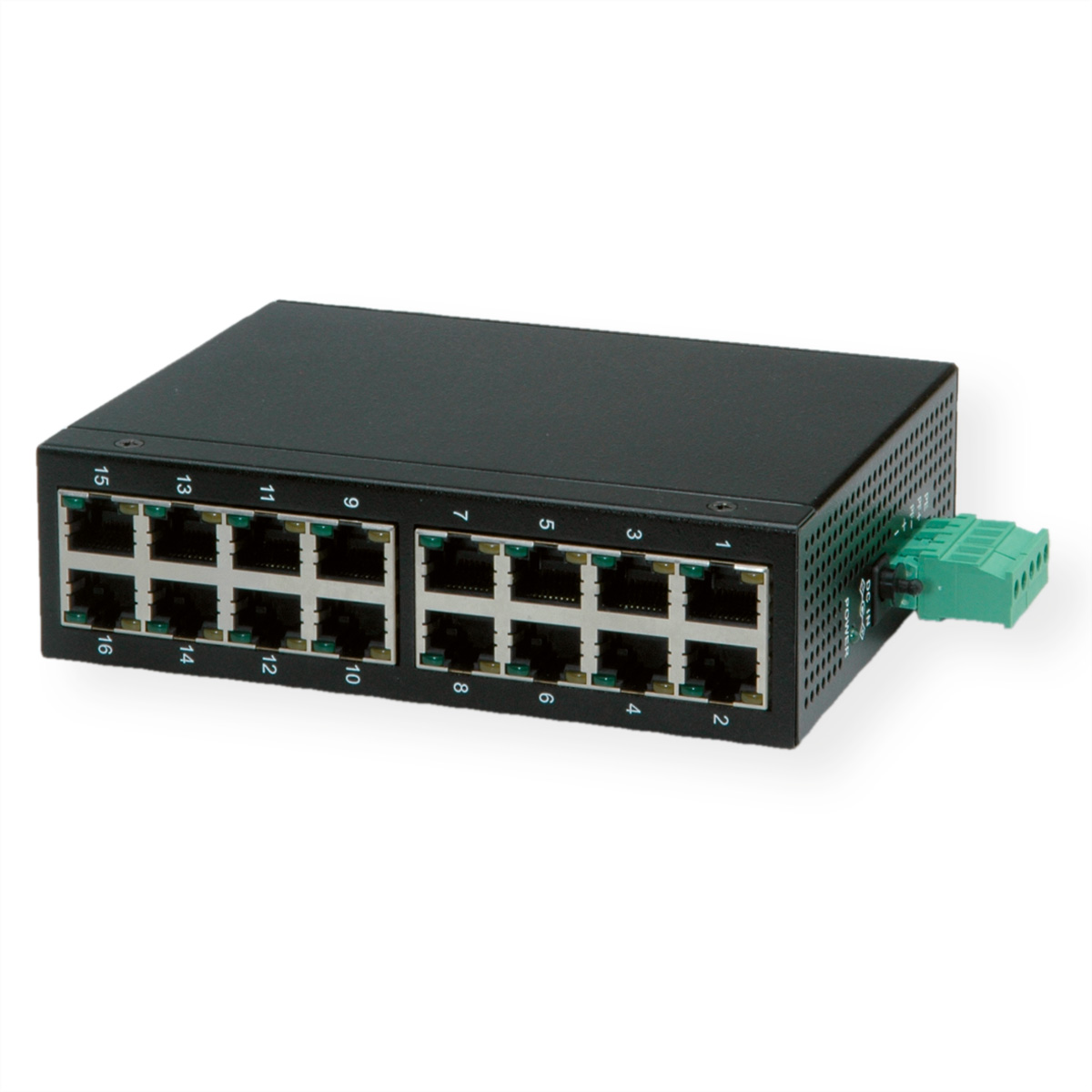 Ein schwarzer Netzwerk-Switch mit mehreren Anschlüssen und einem grünen Klemmenblock.