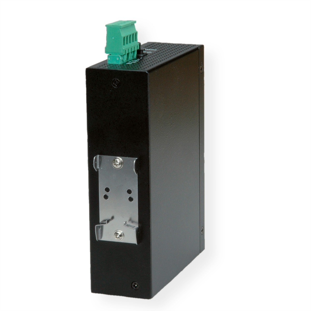Schwarzes elektronisches Gerät mit grünen und weißen Anschlüssen auf weißem Hintergrund.