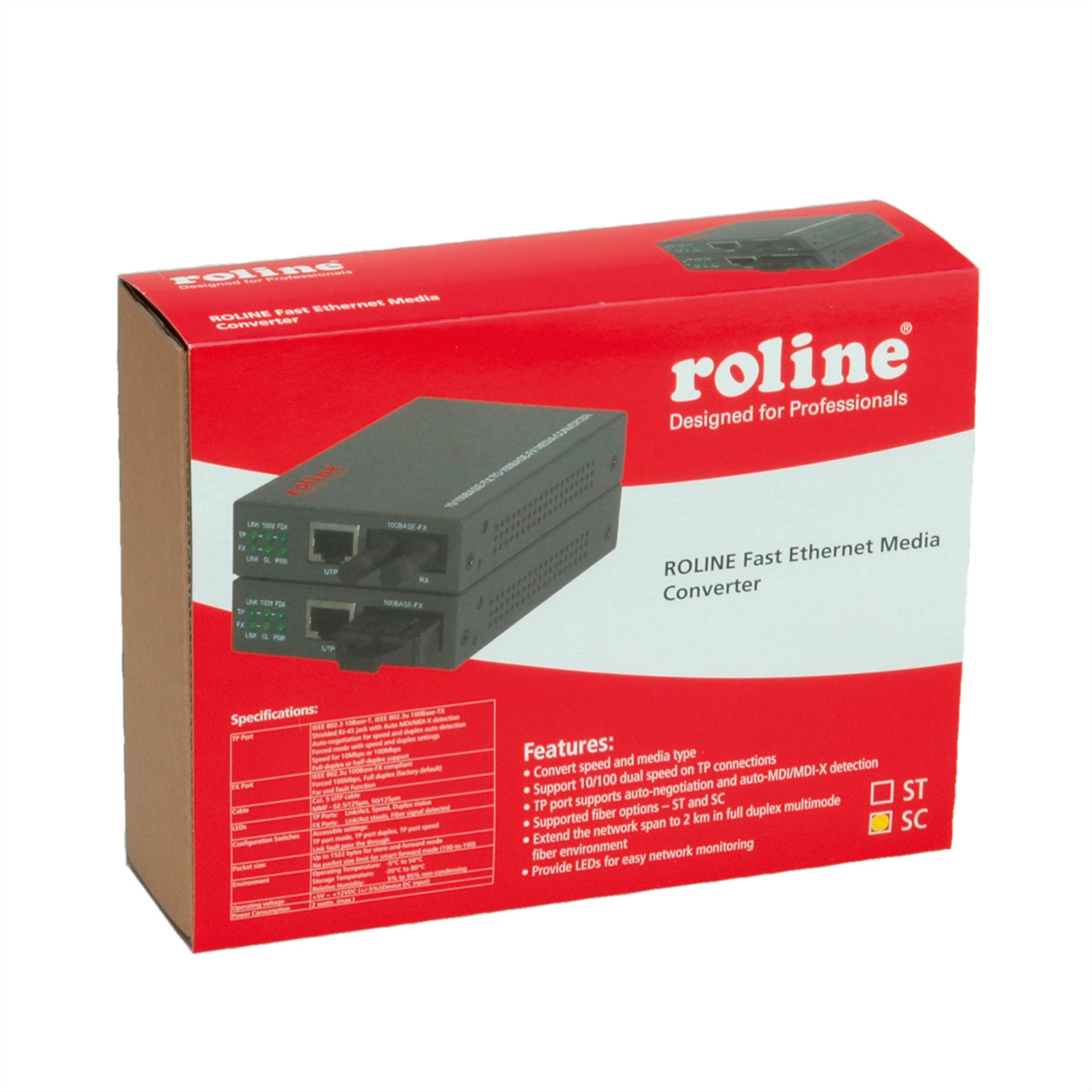 Roline Netzwerk-Konverter-Box. Rote und braune Box mit schwarzem Gerät. Text und Merkmale.