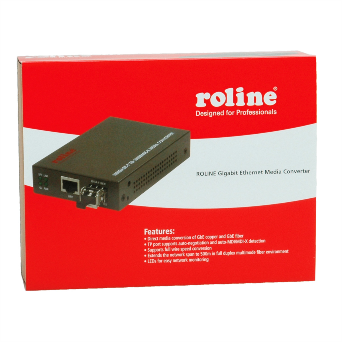 Rote und weiße Box mit ROLINE Gigabit Ethernet Media Converter Text und darunter aufgeführten Funktionen.