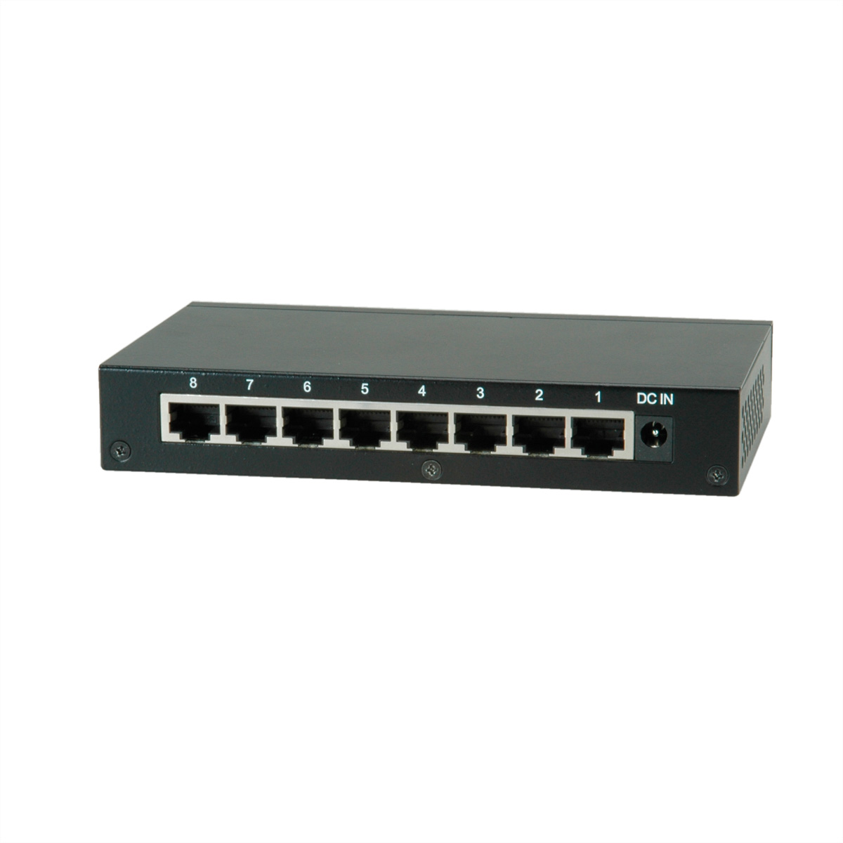 Un commutateur réseau noir avec huit ports et un port DC IN.