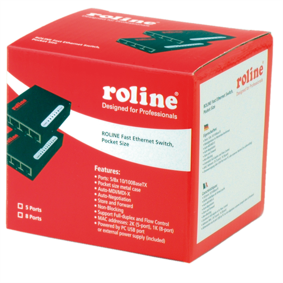 Boîte Roline rouge avec des commutateurs réseau et du texte, fond blanc.