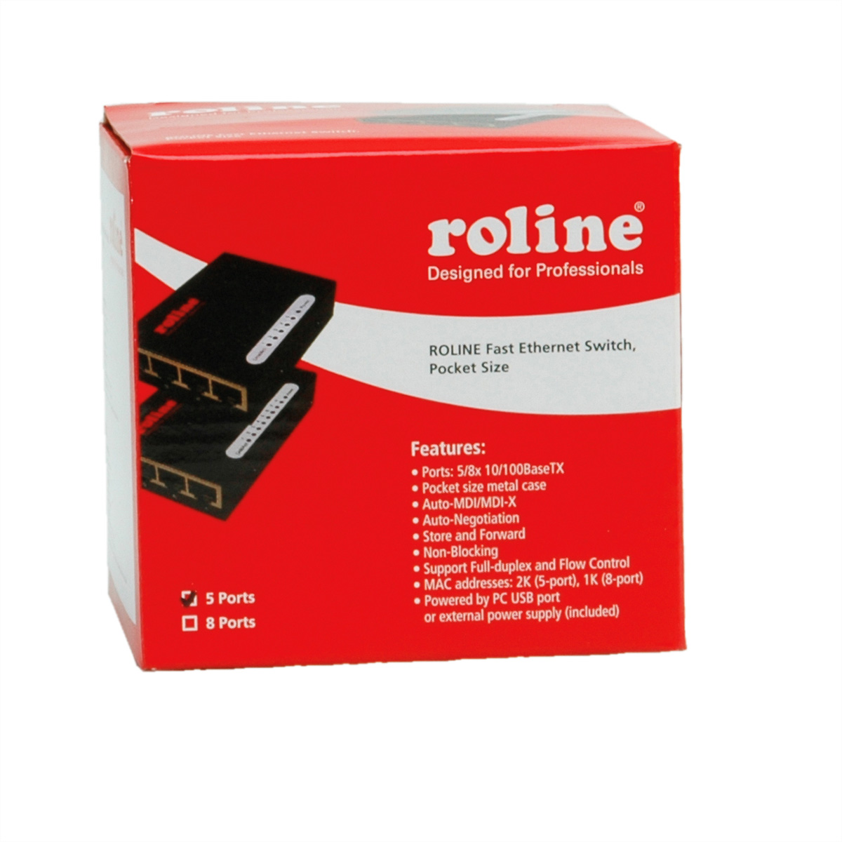 Boîte rouge et blanche avec un graphique de commutateur réseau et des fonctionnalités répertoriées.