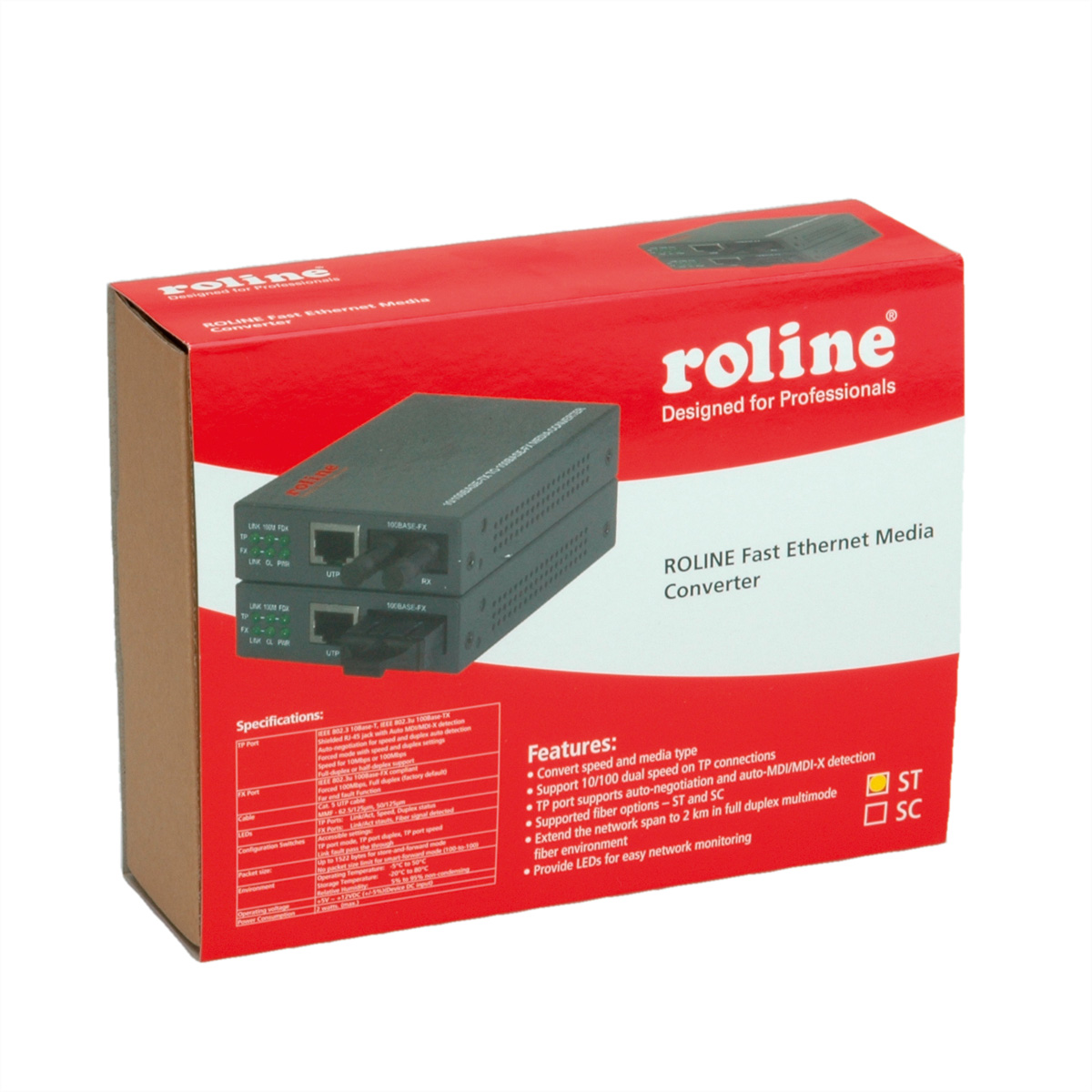Roline Fast Ethernet Media Converter Box, rot mit Spezifikationen und Funktionen.