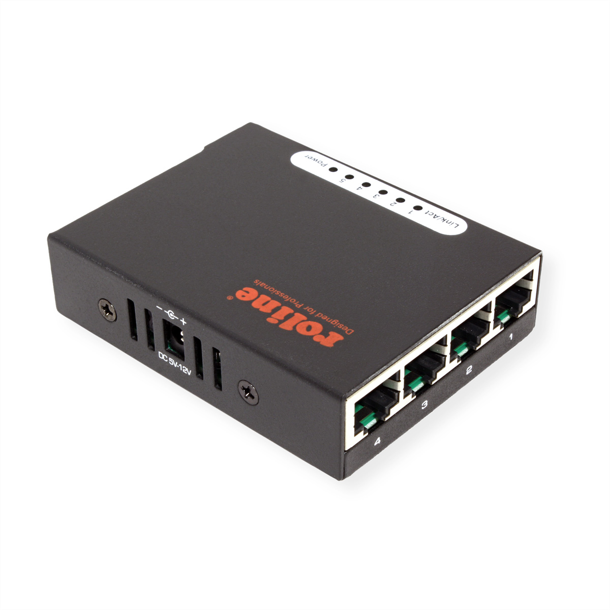 Switch gigabit noir 6 ports avec logo Roline et voyants verts.