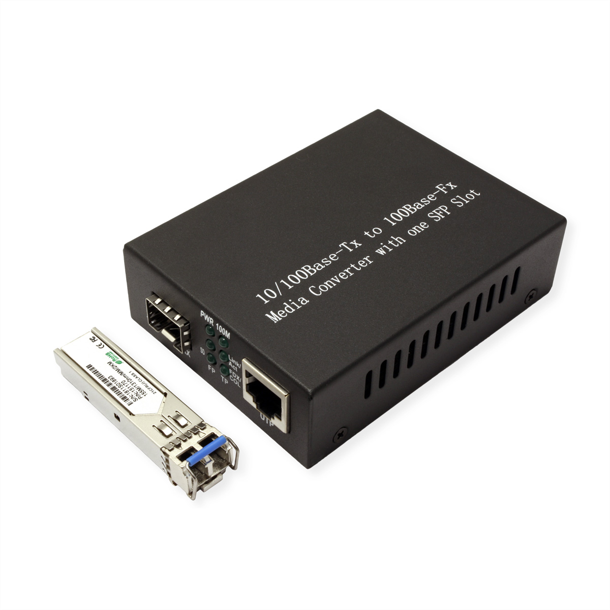 Schwarzer Medienkonverter mit USB- und Ethernet-Anschlüssen, kleinem SFP-Steckplatz und Modul.