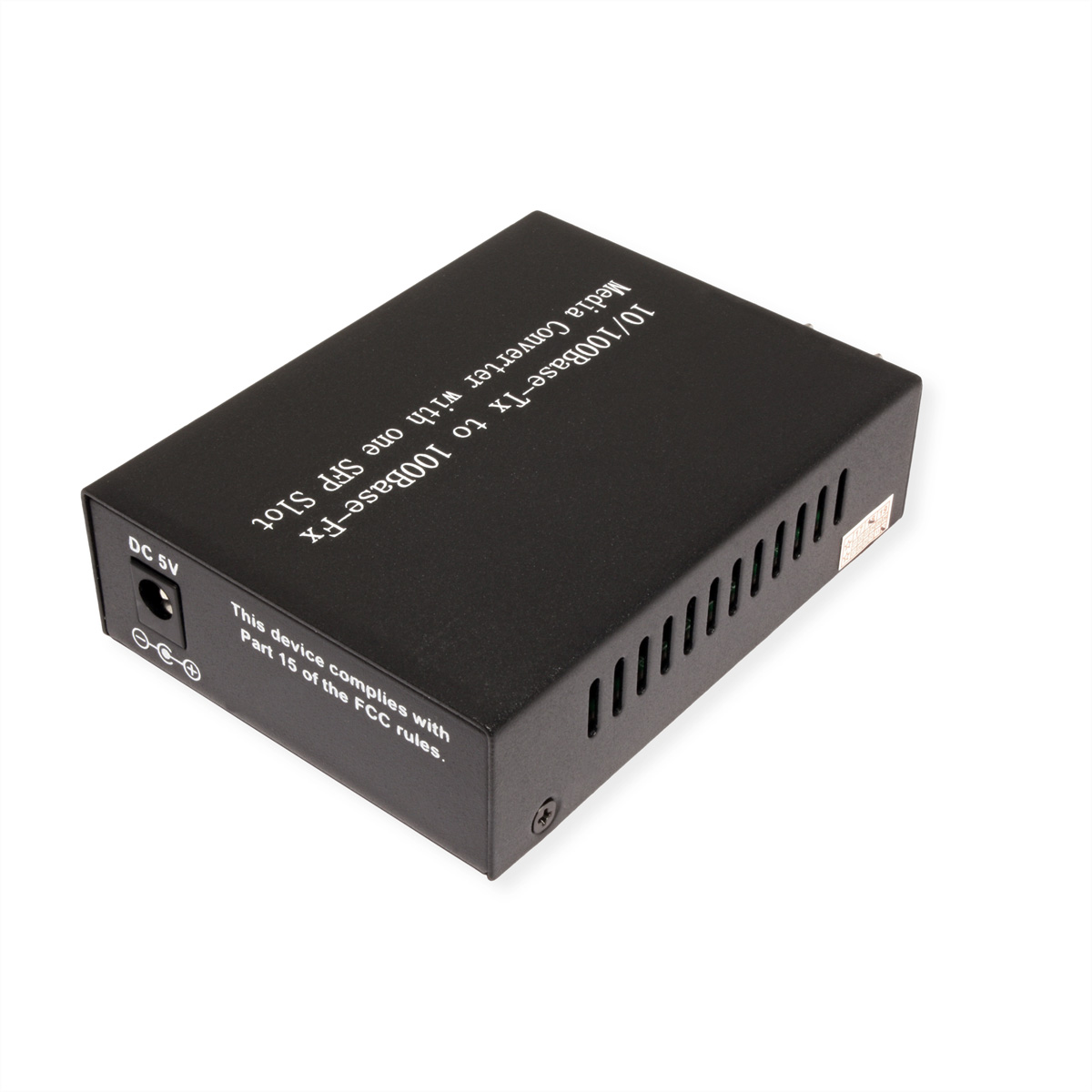 Schwarzer Medienkonverter mit Beschriftungen. Text enthält '10/100Base-Tx bis 100Base-Fx' und 'DC 5V'.