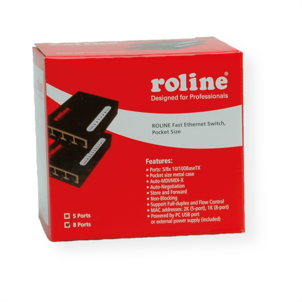 Boîte rouge étiquetée 'roline' pour commutateur Ethernet rapide, avec les fonctionnalités listées. Fond blanc.