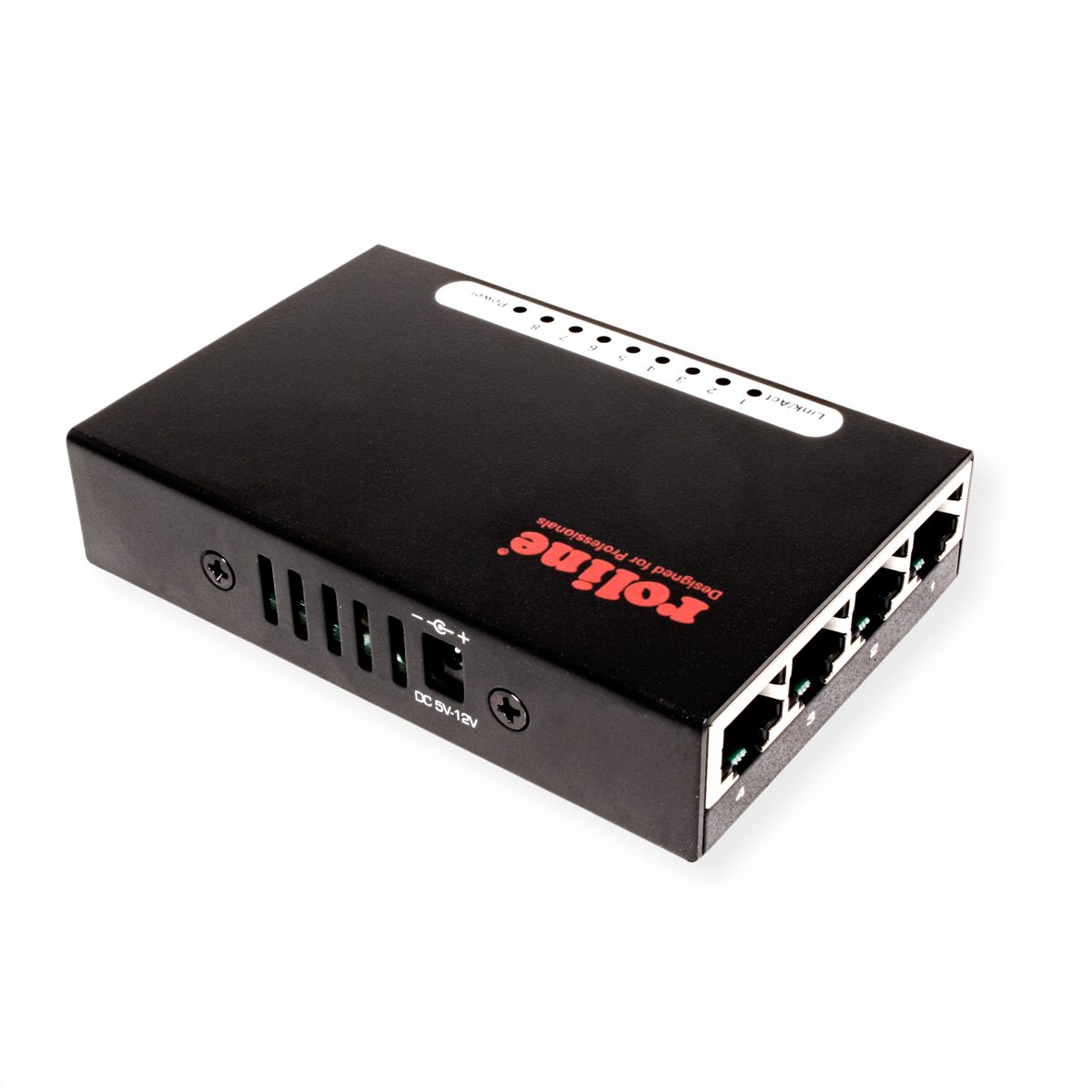 Switch réseau noir avec plusieurs ports et étiquette Rolline sur fond blanc.