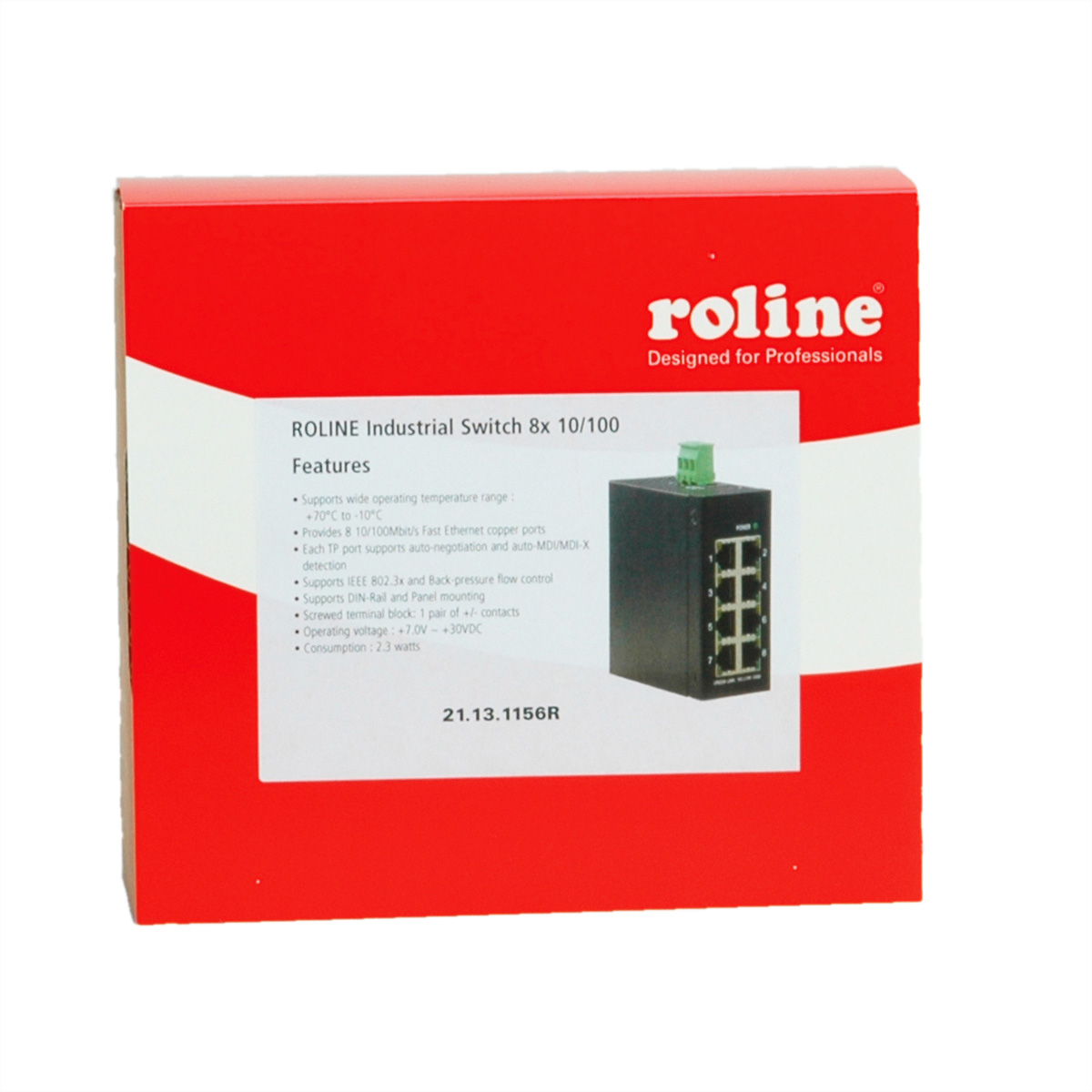 Boîte Roline Industrial Switch rouge et blanche. Les caractéristiques et spécifications sont listées sur le devant.