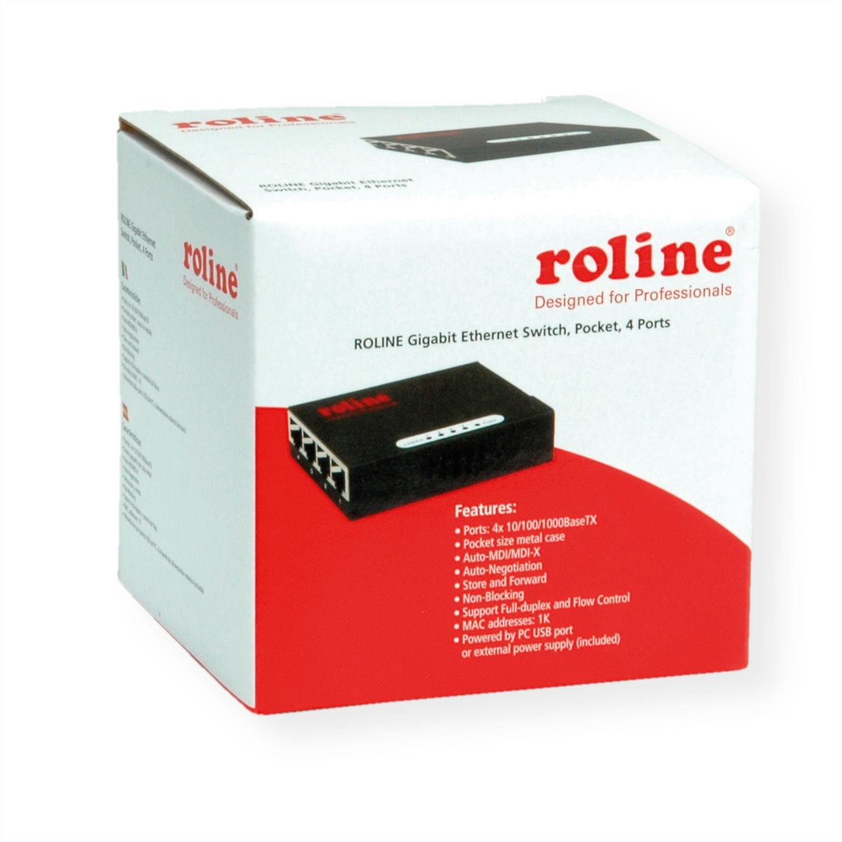Boîte avec un commutateur Ethernet Gigabit ROLINE noir et description des fonctions.