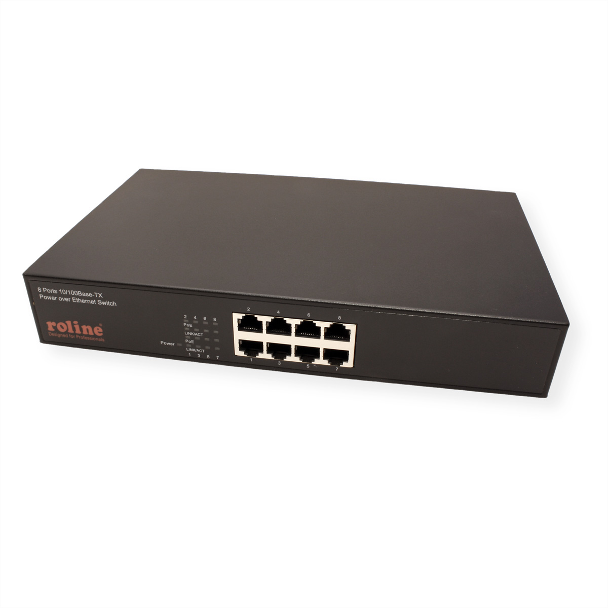 Switch réseau noir avec 8 ports, étiqueté.
