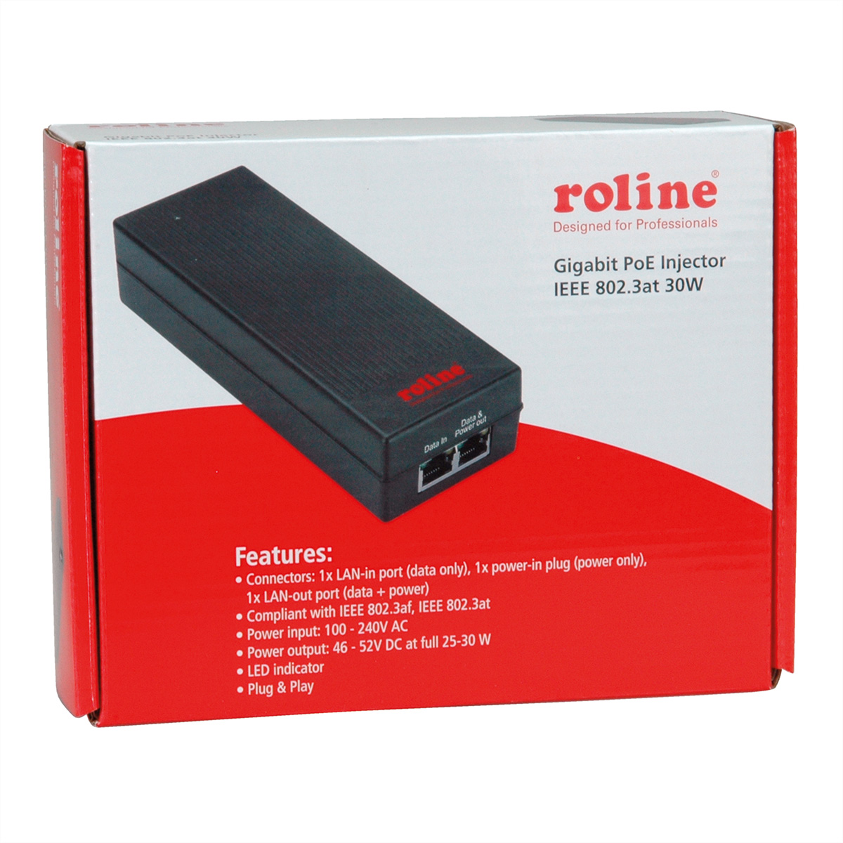 Eine rot-weiße Box mit der Aufschrift Roline Gigabit PoE Injector.