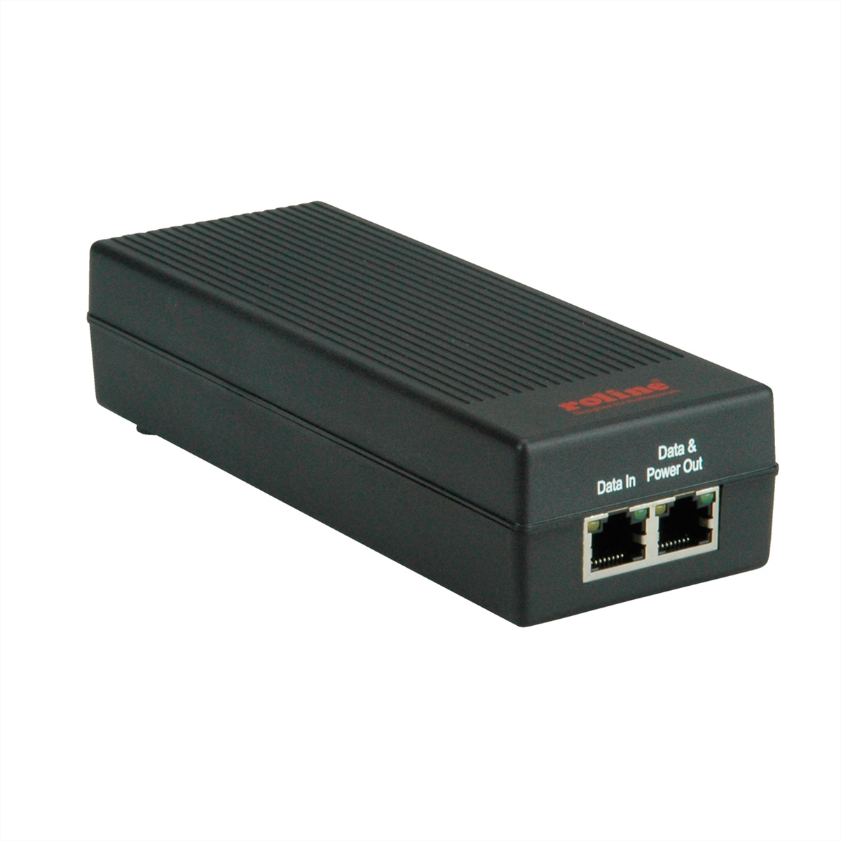 Ein schwarzer, rechteckiger Router mit zwei Ethernet-Ports, die mit "Data In" und "Data & Power Out" beschriftet sind.