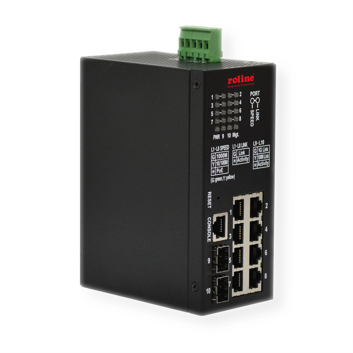 Ein schwarzer Netzwerk-Switch mit Anschlüssen und Lichtern. Der Hintergrund ist weiß.