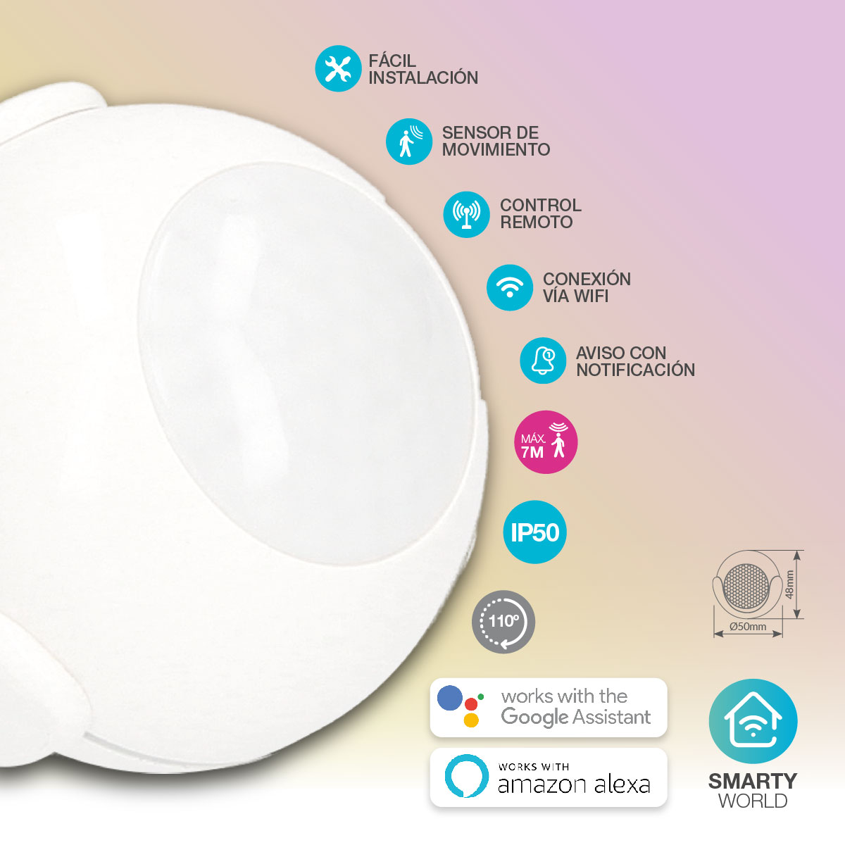 Dispositivo doméstico inteligente blanco con iconos y texto. Incluye fácil instalación, sensor de movimiento, wifi y notificaciones.
