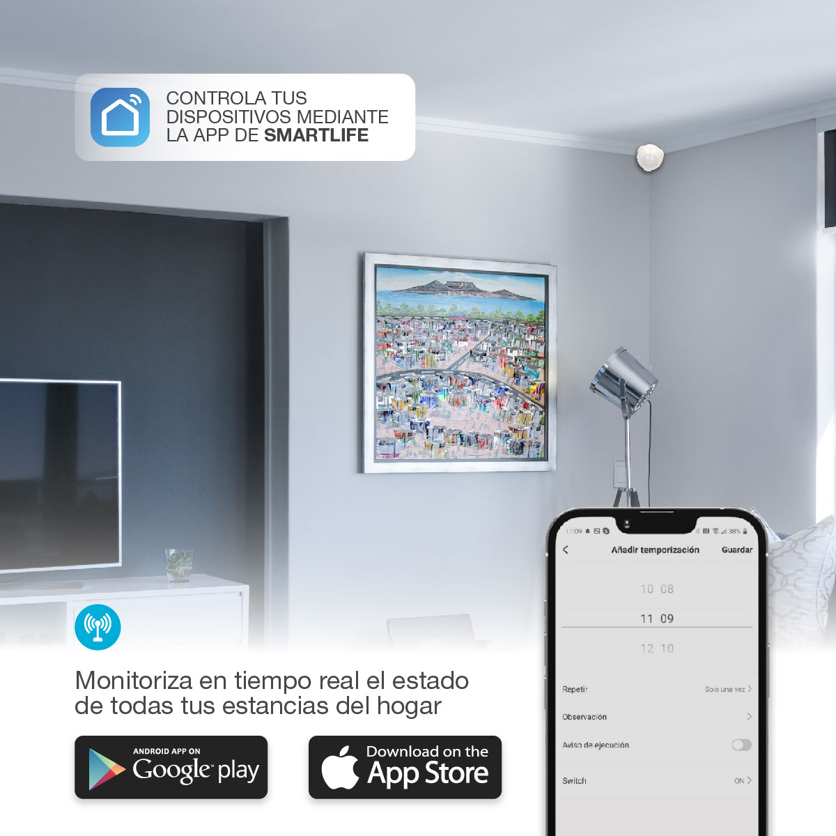 Escena de salón con móvil mostrando app domótica. También, una imagen y un televisor.