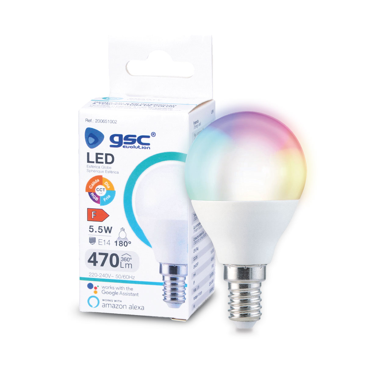 Bombilla Inteligente Gsc esferica led 55w e14 rgb+ctt regulable google home