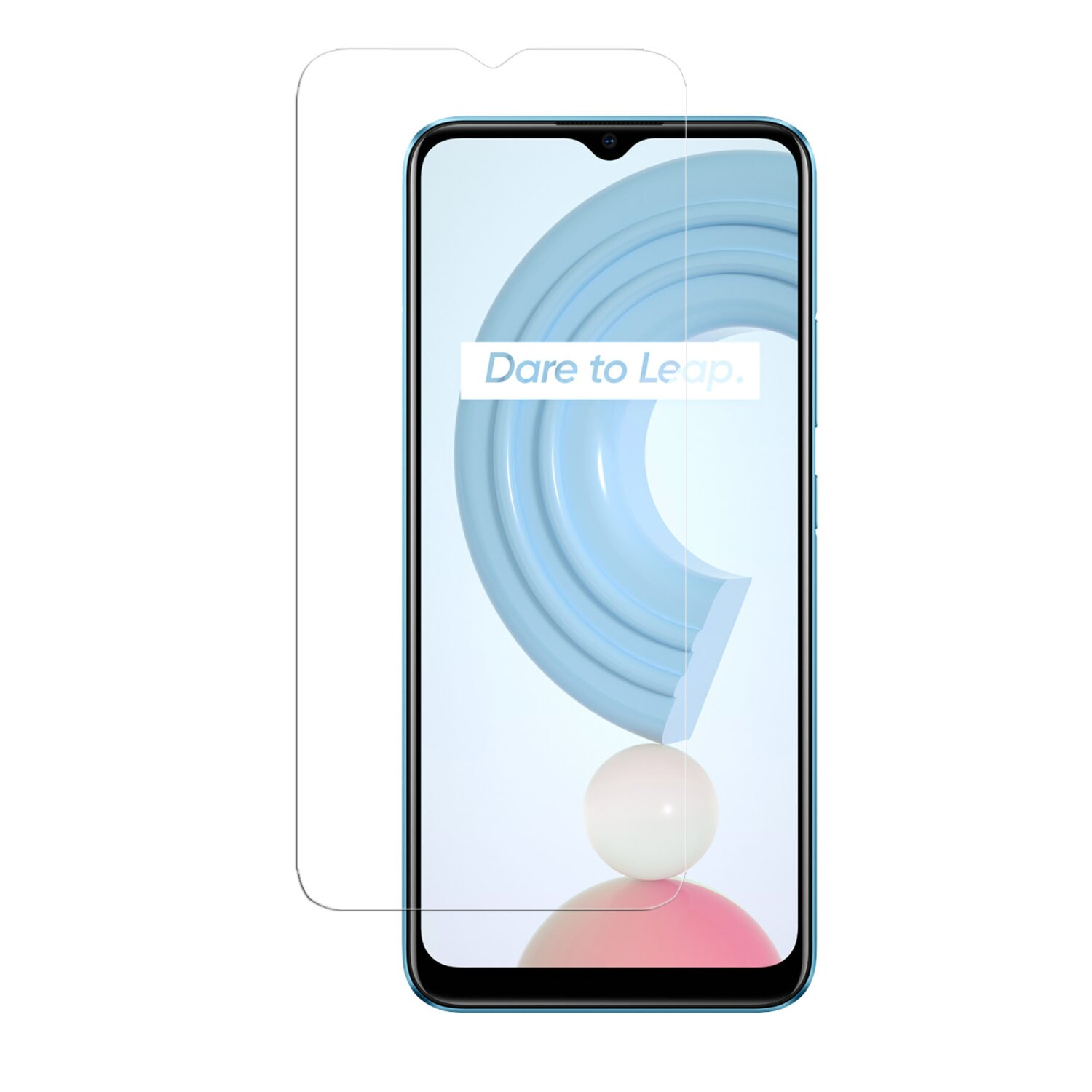 Smartphone mit aufgebrachter Displayschutzfolie. Der Bildschirm zeigt farbenfrohes, abstraktes Design mit Text.