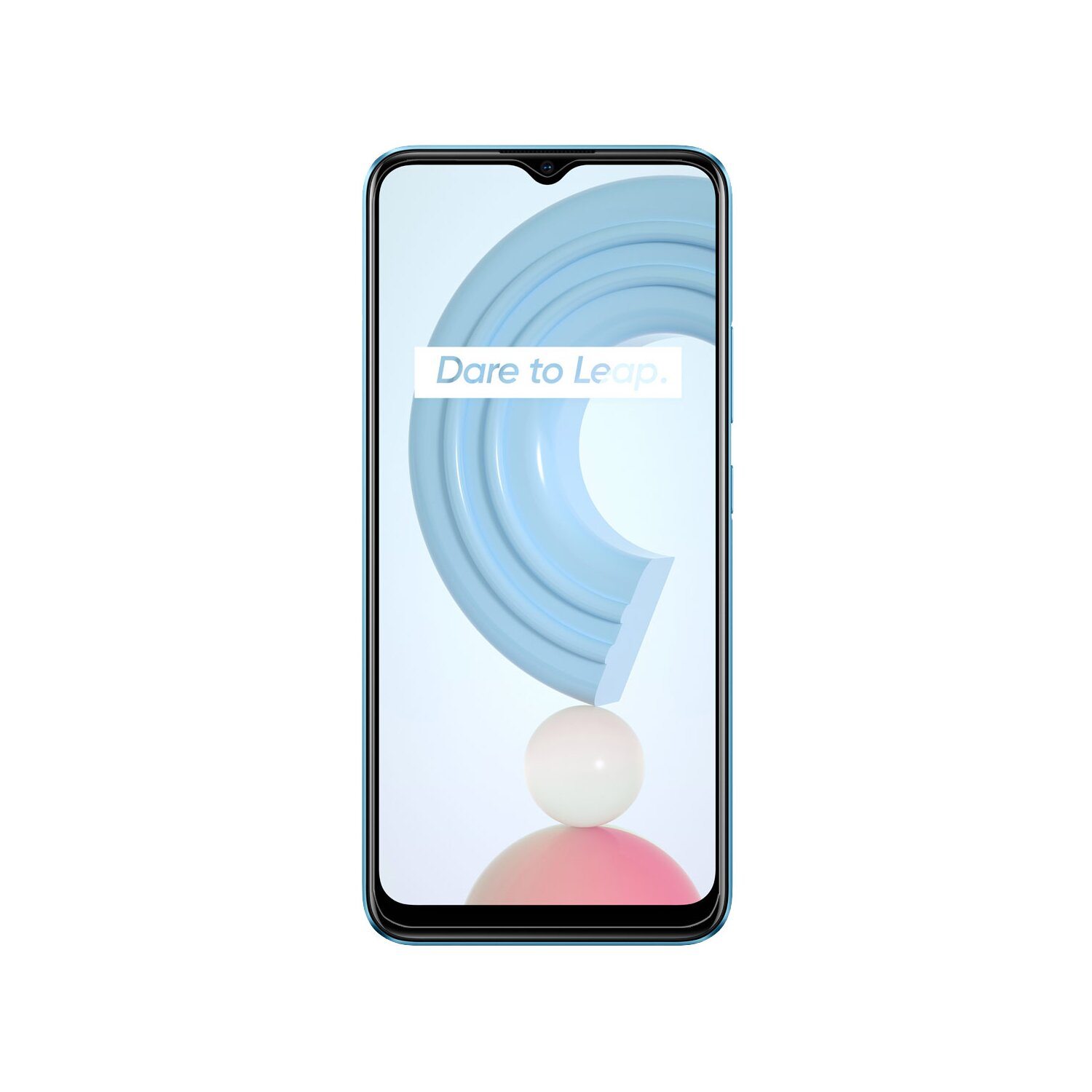 Realme-Telefon mit blau-weißem, abstraktem Design auf dem Bildschirm, der 'Dare to Leap' sagt.
