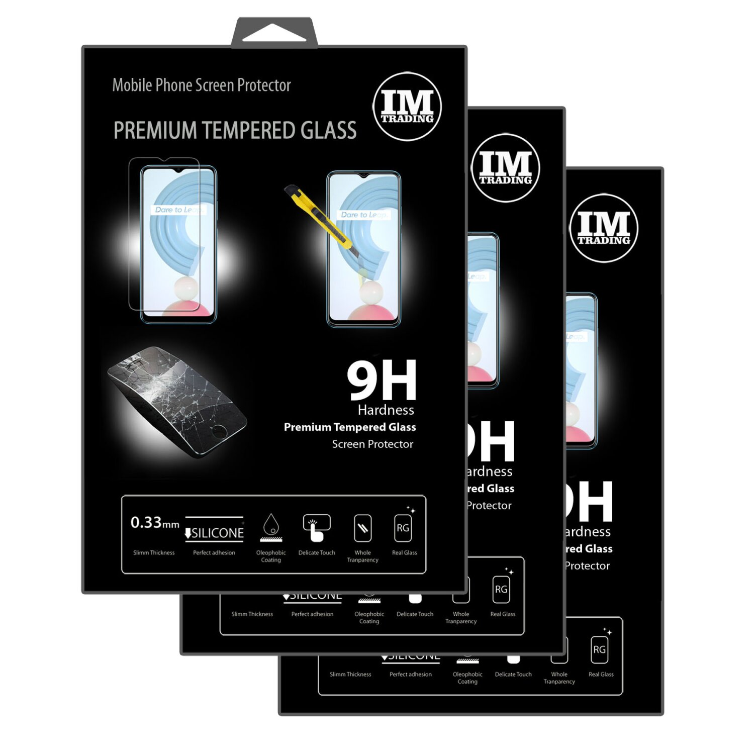 Drei Handyschutzfolien mit Verpackung, mit Telefon und Stift.