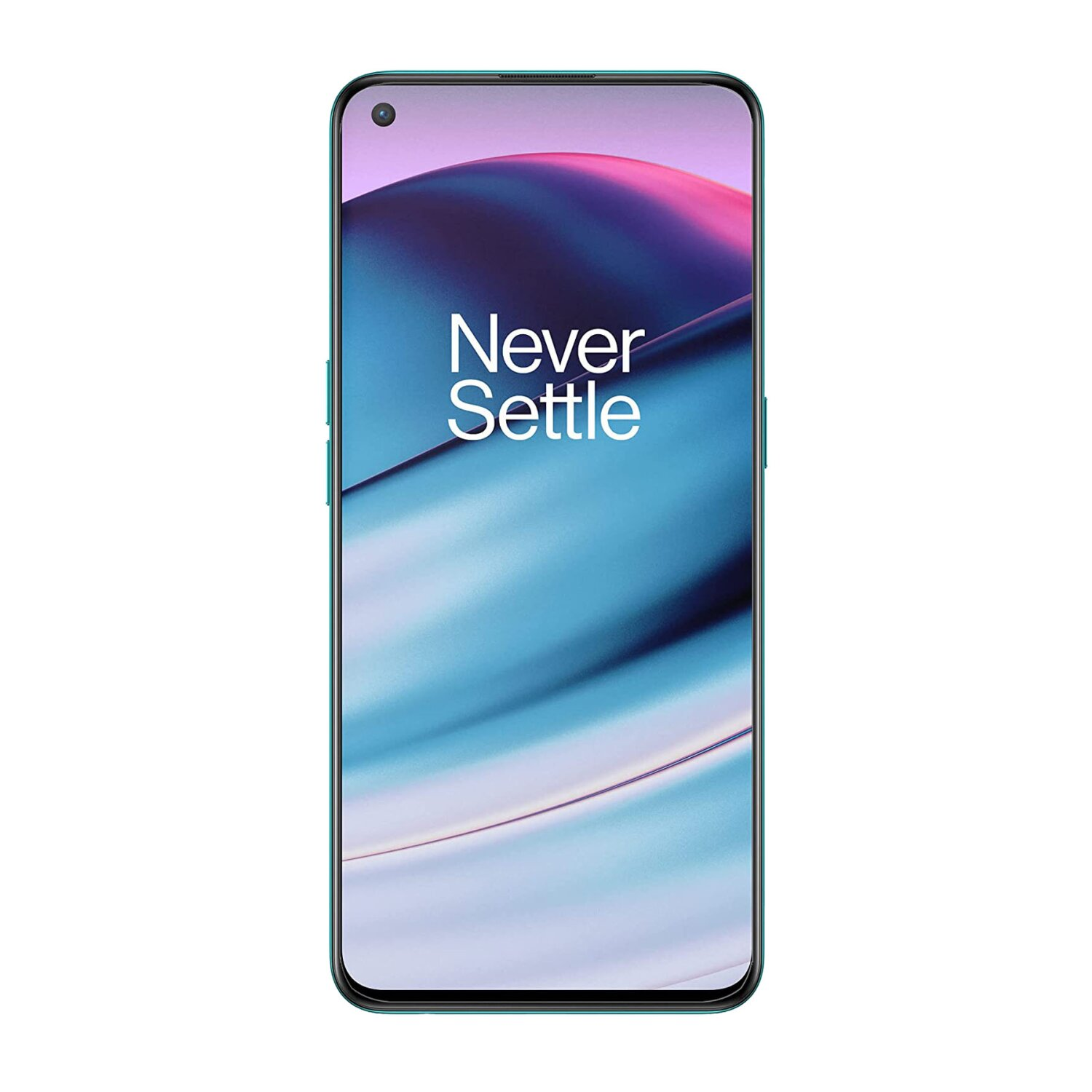 OnePlus-Telefon. Grünes Telefon mit großem Bildschirm und den Worten 'Never Settle'.