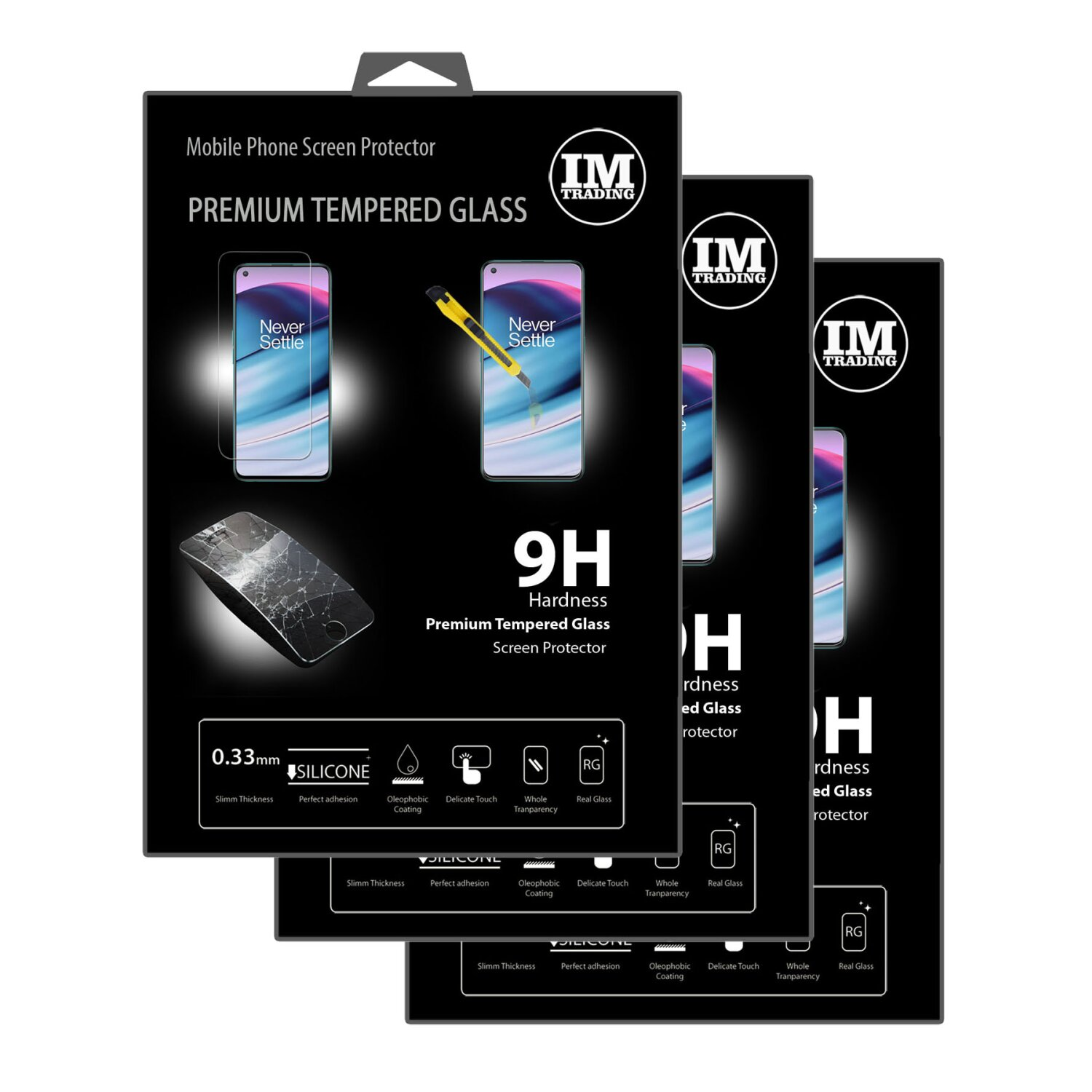 Drei Displayschutzfolien in einer schwarzen Box, mit einem zerbrochenen Handy-Display und einem gelben Stift.