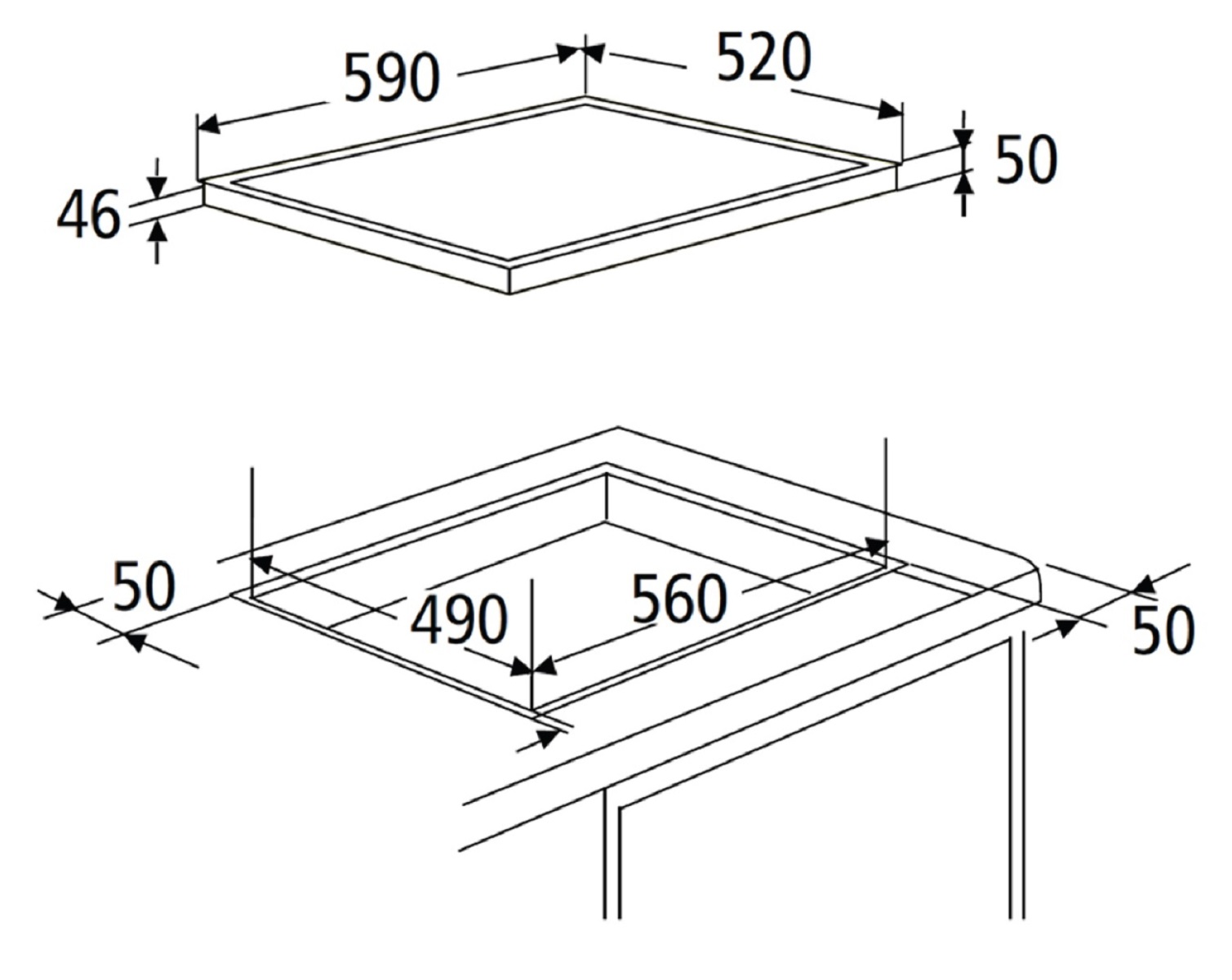 Diagramm eines Kochfelds mit Abmessungen in Millimetern zur Installation.
