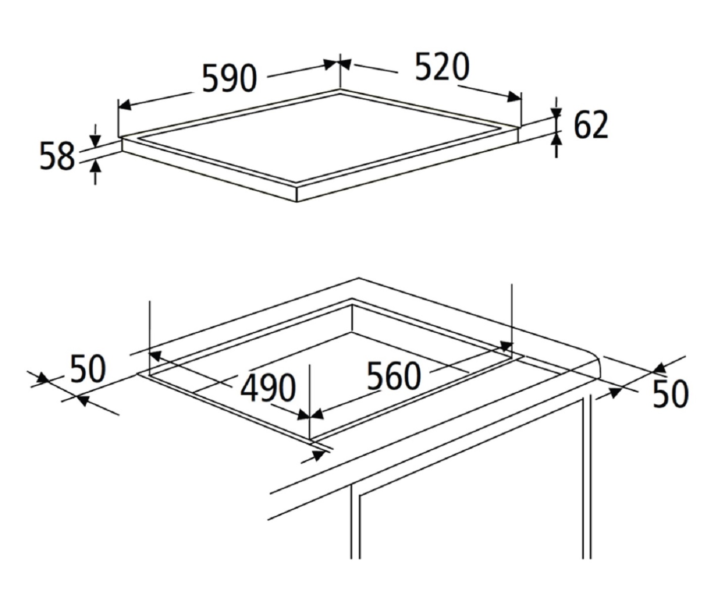 Diagramm eines rechteckigen Kochfelds mit Maßen in Millimetern.