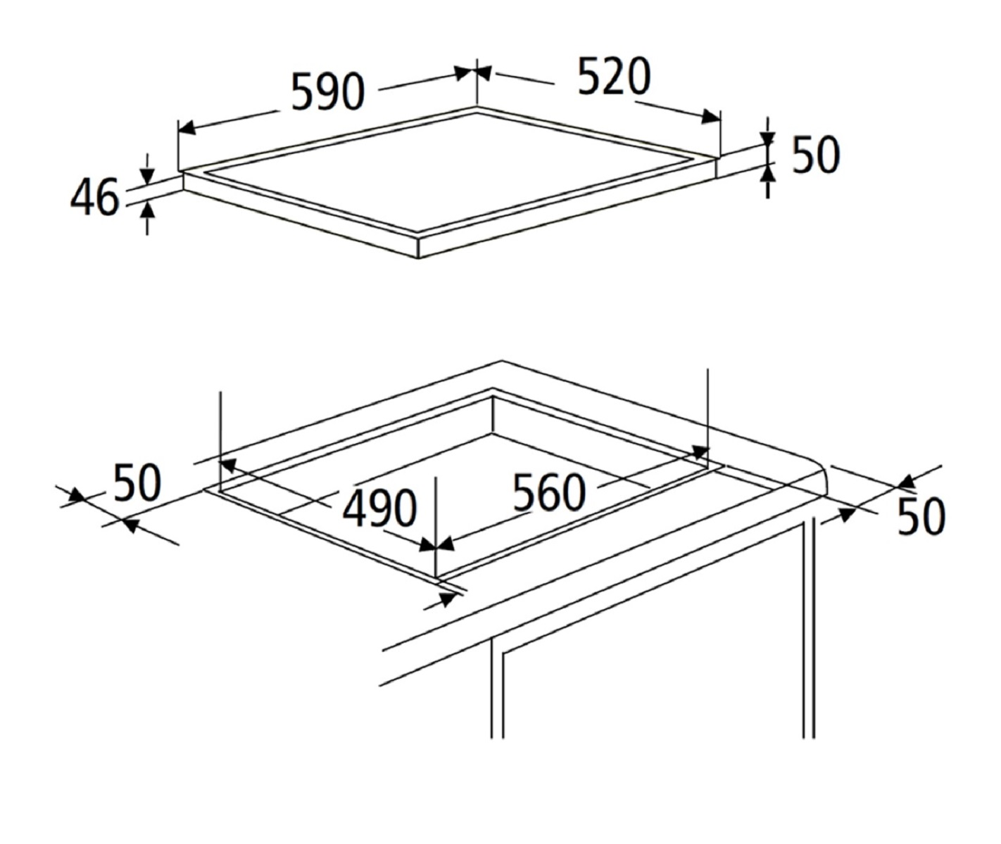 Diagramm eines rechteckigen Kochfelds und seiner Ausschnittabmessungen in schwarzen Linien vor weißem Hintergrund.