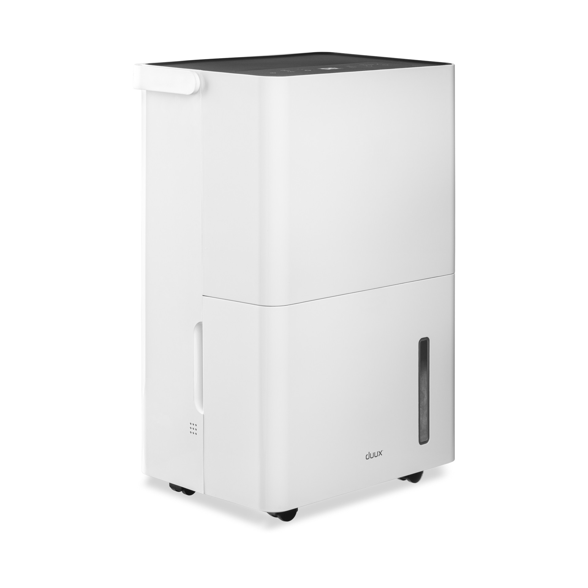 White and black dehumidifier with a handle and a clear water tank.