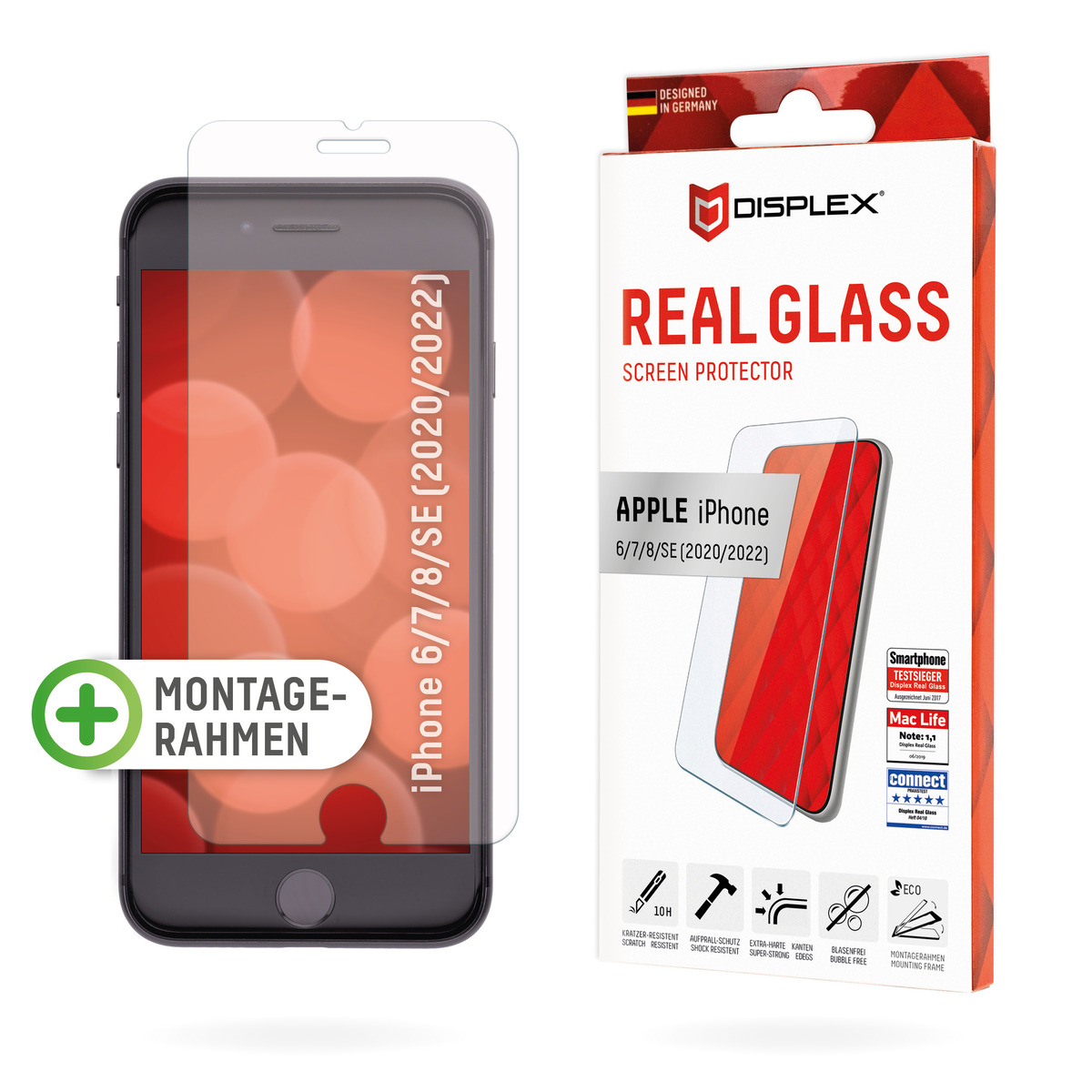Kit protezione schermo iPhone con protezione e scatola. Include il modello iPhone sulla parte anteriore.