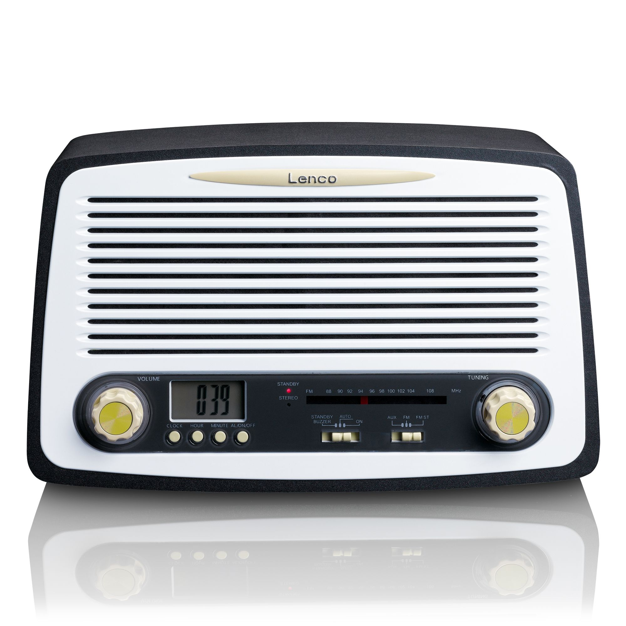 Retro style radio, black and white with tuning knobs and digital display.