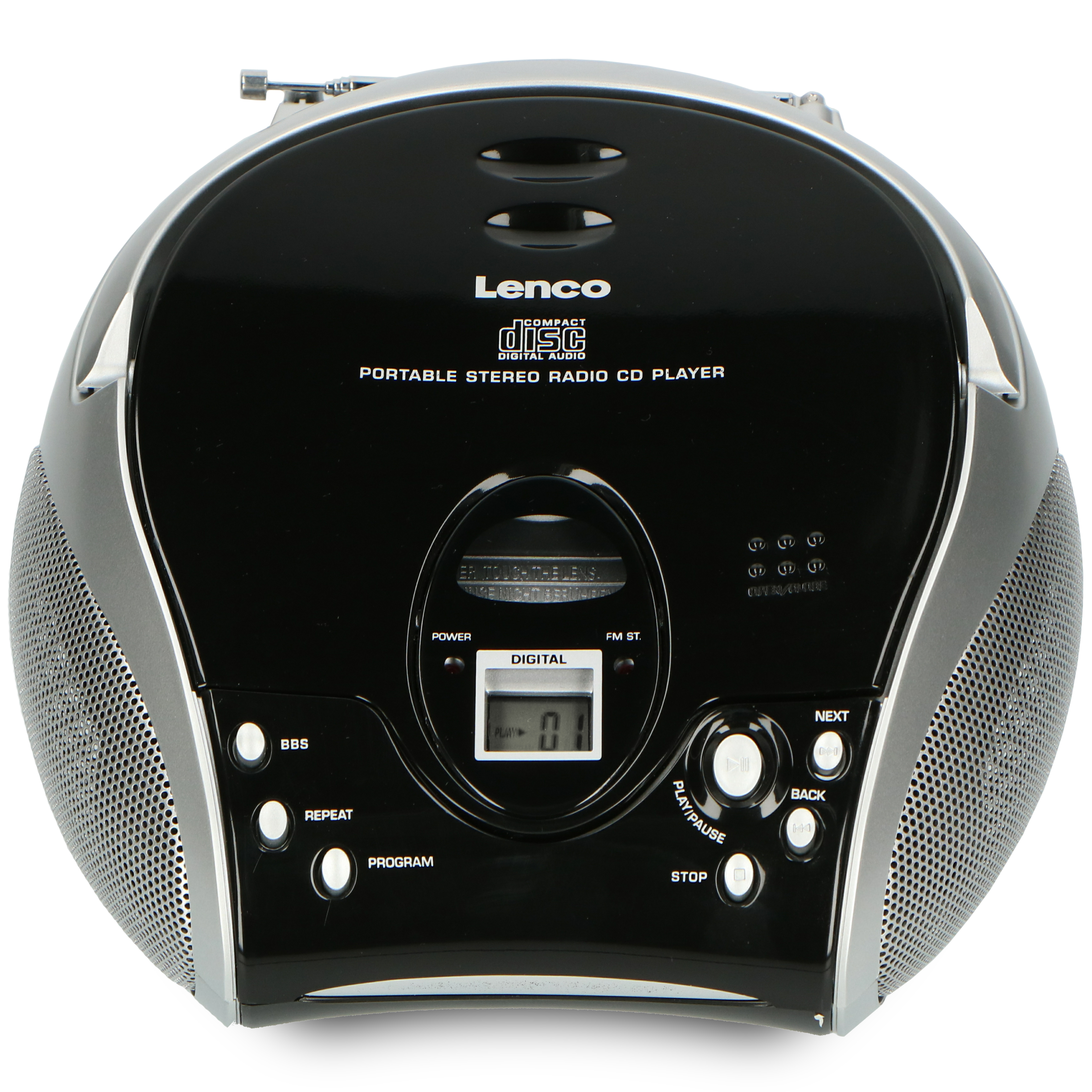 Schwarzer und silberner tragbarer CD-Player mit Digitalanzeige und mehreren Knöpfen.