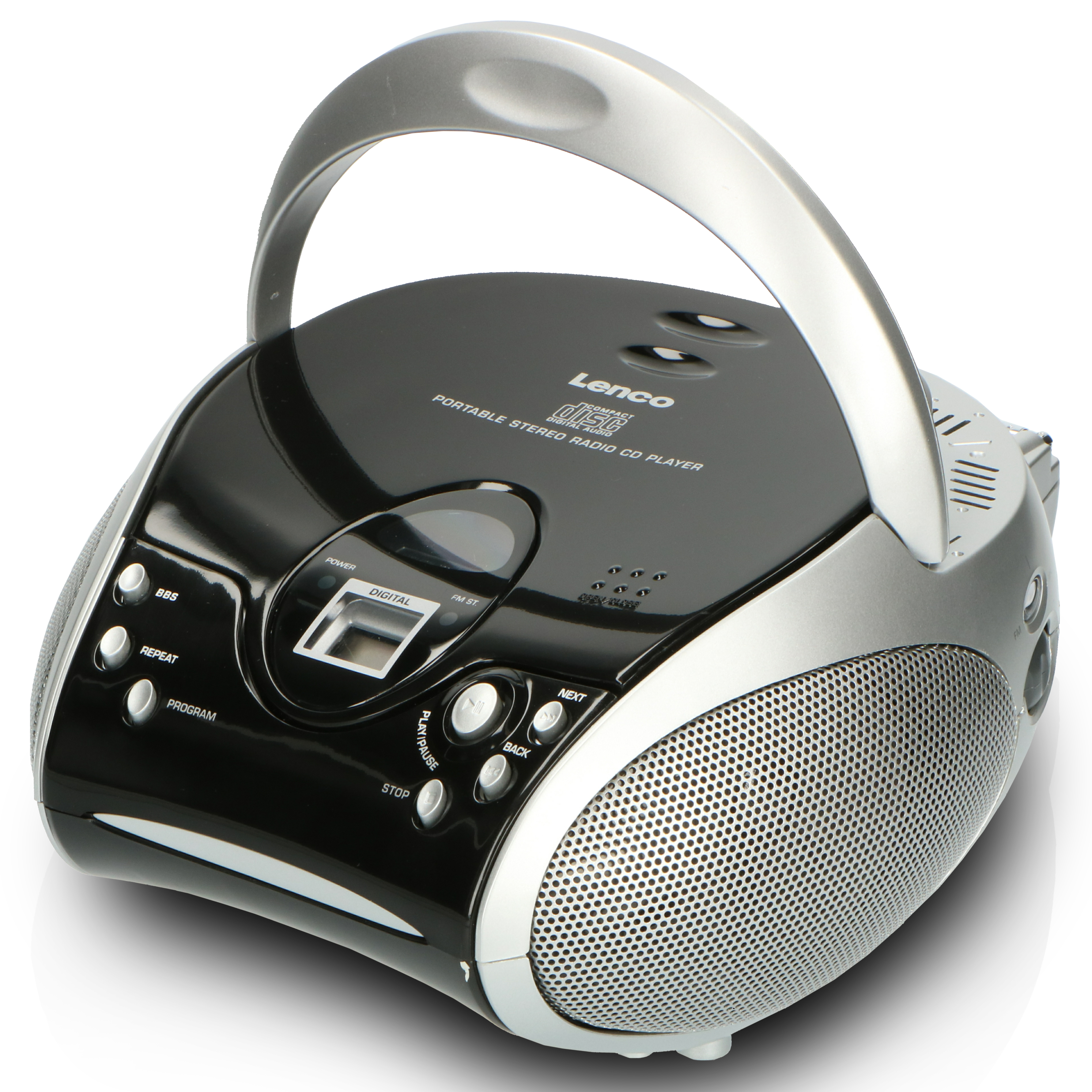 Schwarzer und silberner tragbarer CD-Player mit Griff und Lautsprechern, auf weißem Hintergrund.