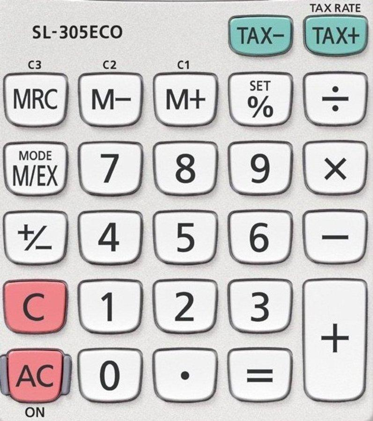 Kalkulator z białymi przyciskami i wyświetlaczem. Przyciski mają nadrukowane liczby i funkcje.